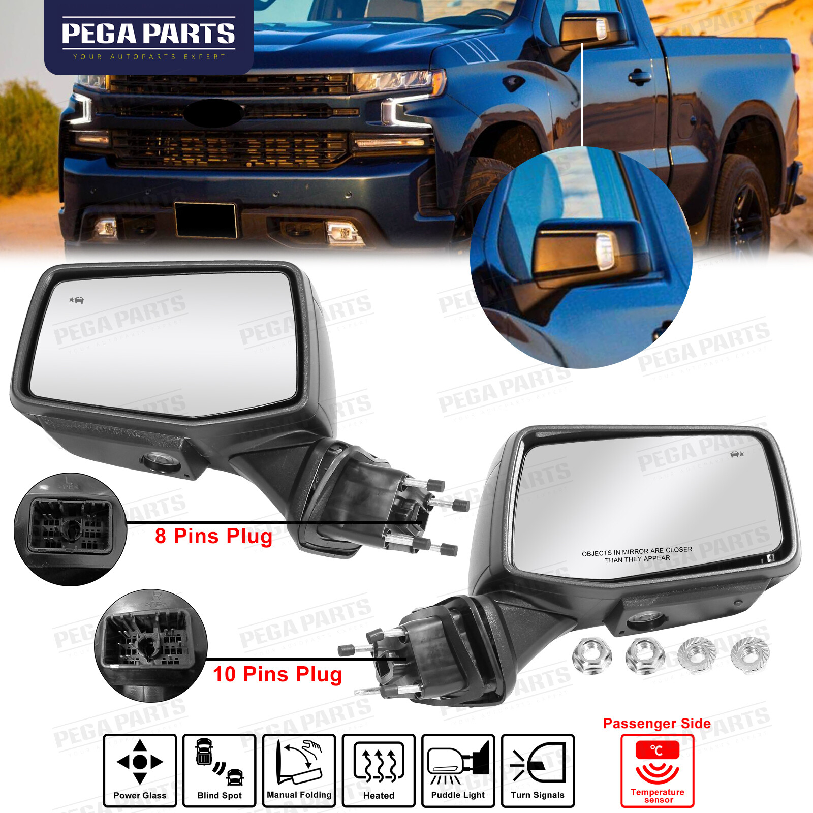 Pair Mirror Power Glass Heated Temp Sensor For 2019-2024 Chevy Silverado 1500
