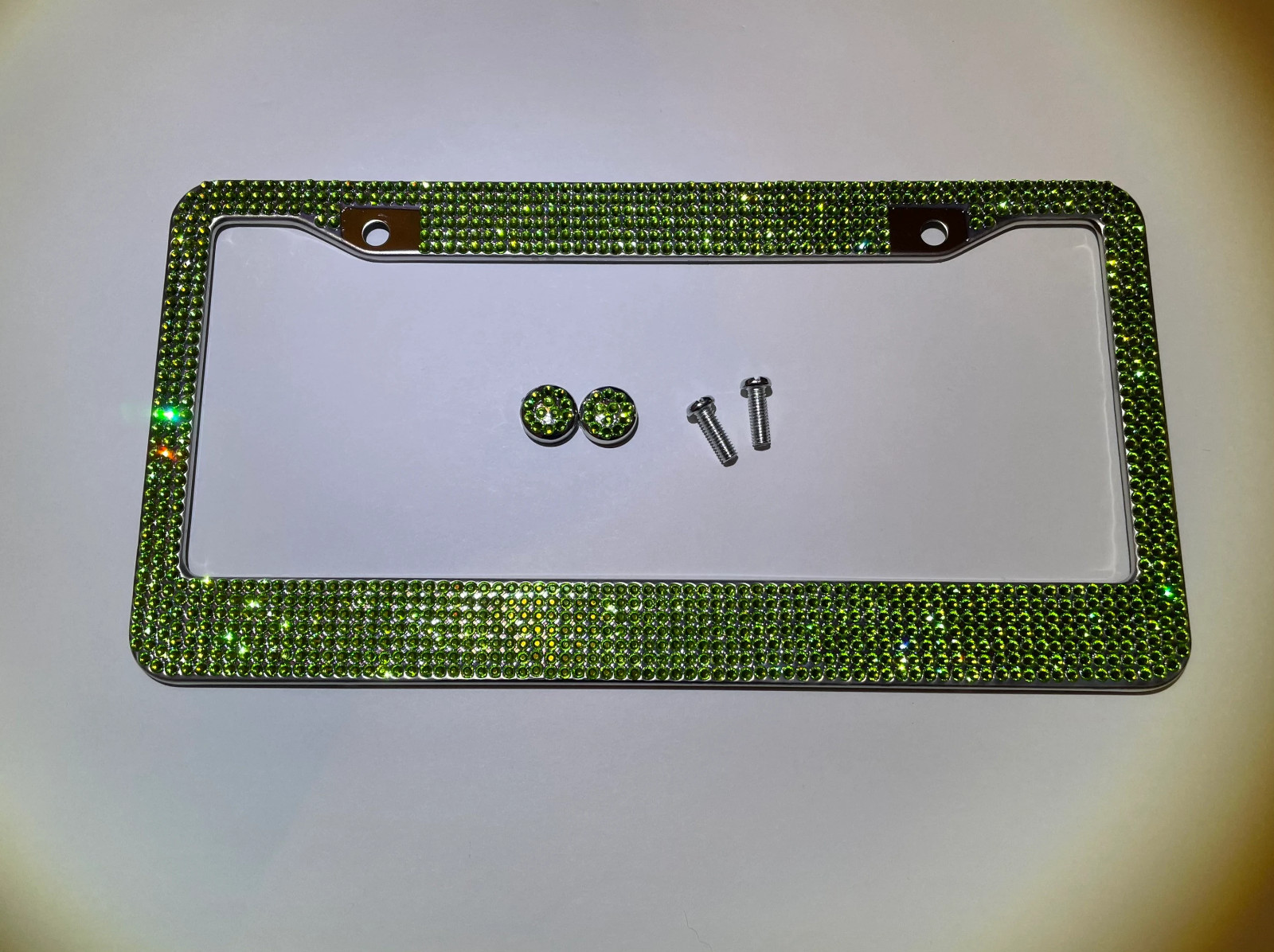 1 Peridot Green Diamond CRYSTAL Metal License Plate Frame Made with Swarovski 1 Peridot Green Diamond CRYSTAL Metal License Plate Frame Made with Swarovski