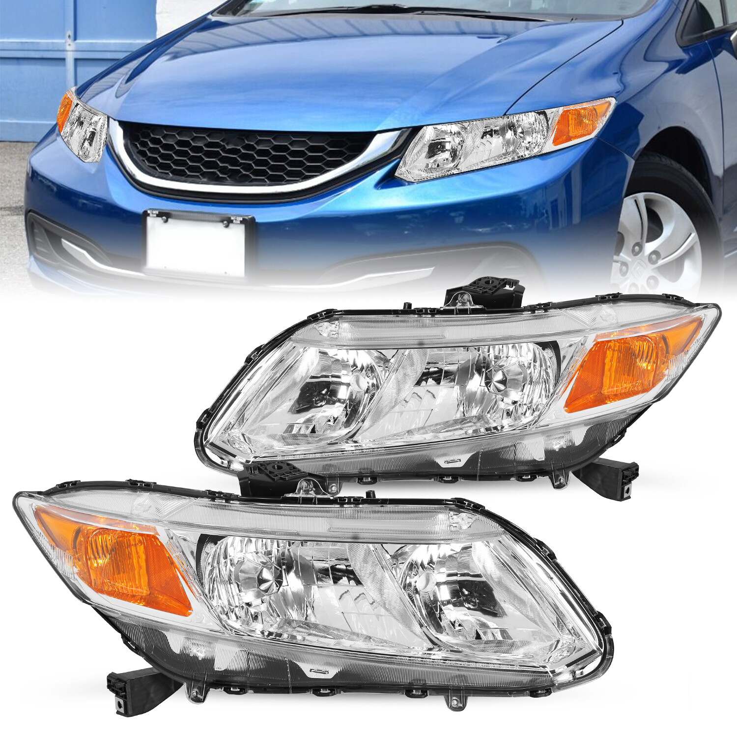 For 2012-2015 Honda Civic Sedan 12-13 Coupe Chrome Amber Headlights Pair For 2012-2015 Honda Civic Sedan 12-13 Coupe Chrome Amber Headlights Pair