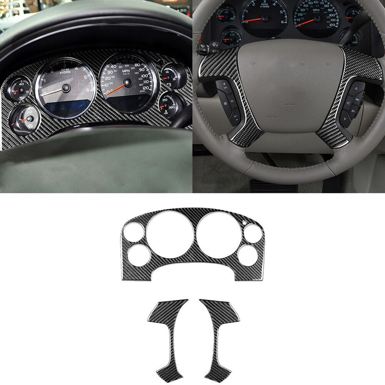 3Pcs Carbon Fiber Dashboard Steering Wheel Cover Trim For Silverado Sierra 07-13