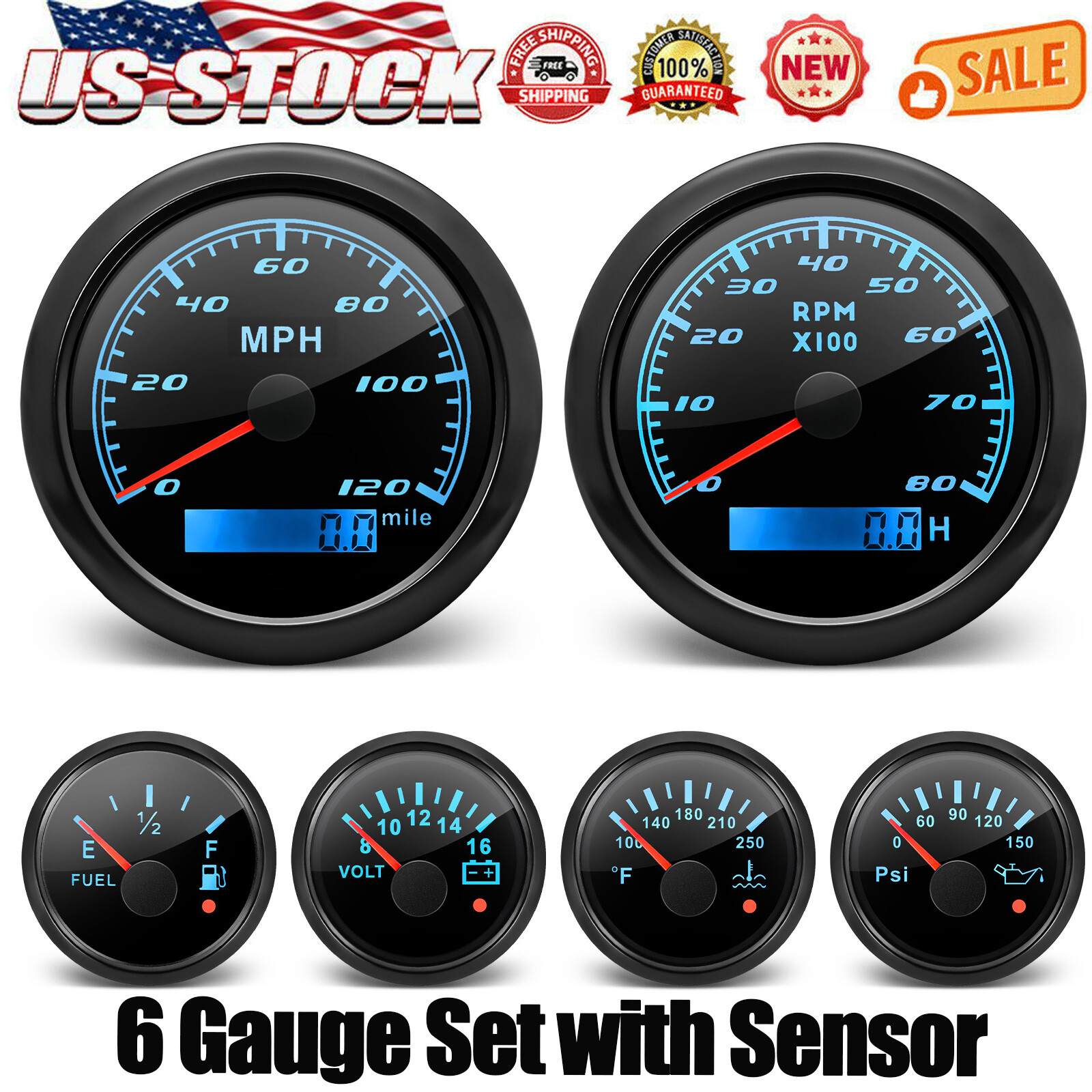 6 Gauge Set 85mm GPS Speedometer 120MPH&Tacho 8000RPM&52MM Fuel/Oil/Temp/Volt US 6 Gauge Set 85mm GPS Speedometer 120MPH&Tacho 8000RPM&52MM Fuel/Oil/Temp/Volt US