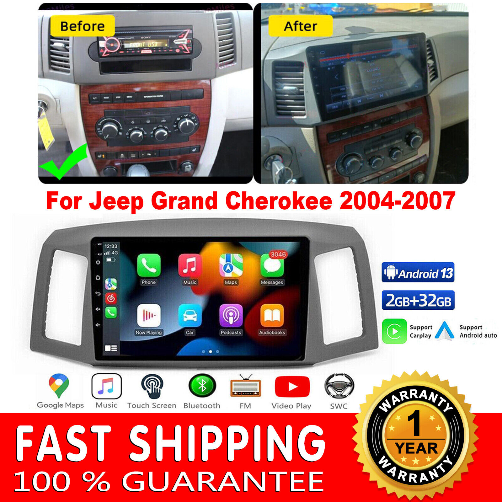 FOR 2004-2007 JEEP GRAND CHEROKEE ANDROID 13 10.1'' CAR RADIO STEREO NAVI PLAYER