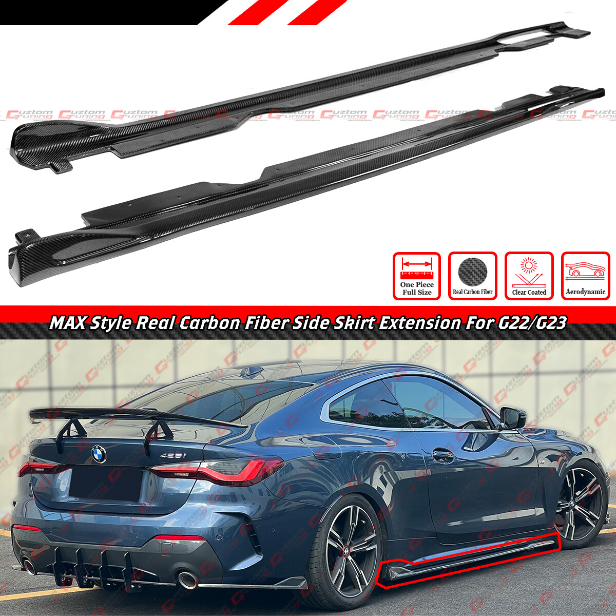 For 21-26 BMW G22 G23 430i M440i 2dr MAX Style Carbon Fiber Side Skirt Extension For 21-26 BMW G22 G23 430i M440i 2dr MAX Style Carbon Fiber Side Skirt Extension