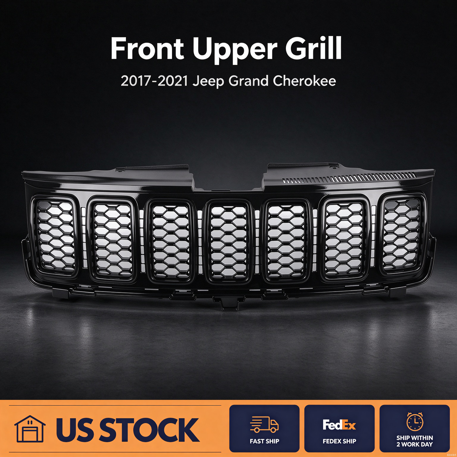 US STOCK for 2017-2021 Jeep Grand Cherokee Front Upper Grill Gloss Black