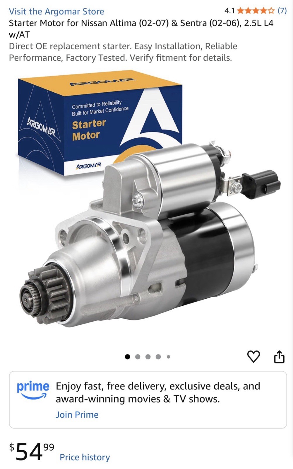 Starter Motor for Nissan Altima (02-07) & Sentra (02-06), 2.5L L4 w/AT