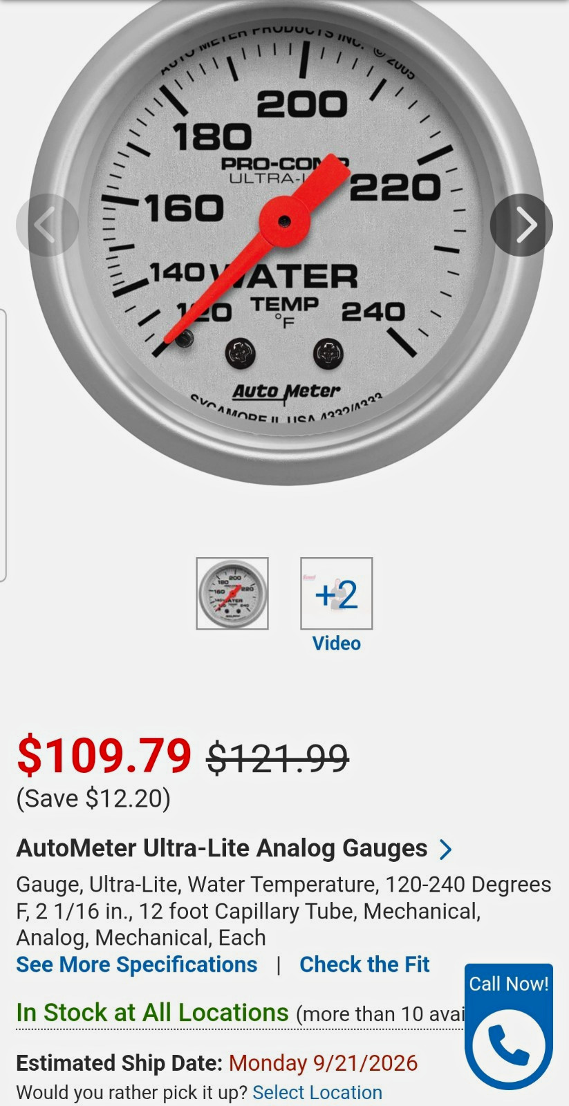 Autometer Mechanical  Water Temp Gauge New On Box.