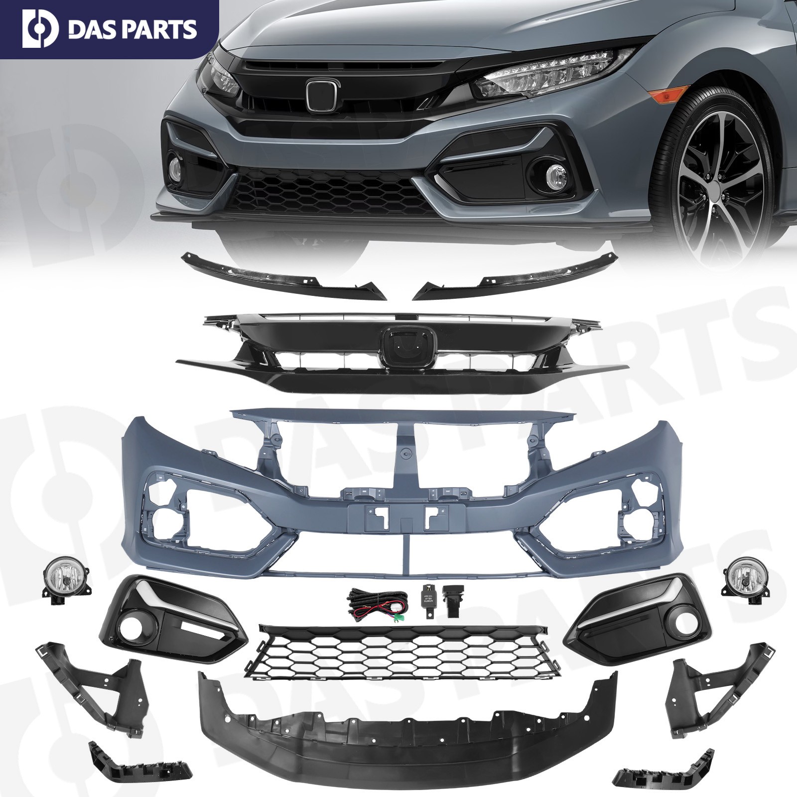 For 2020 2021 Honda Civic Hatchback Front Bumper Cover Kit W/ Grille & Fog Light