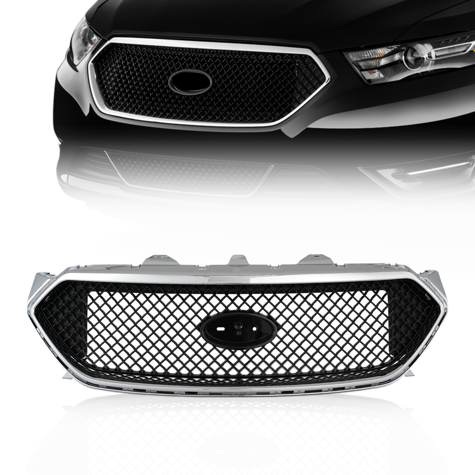 For 13-18 Ford Taurus SHO Gloss Black Front Grille Assembly Grill W/Chrome Trim