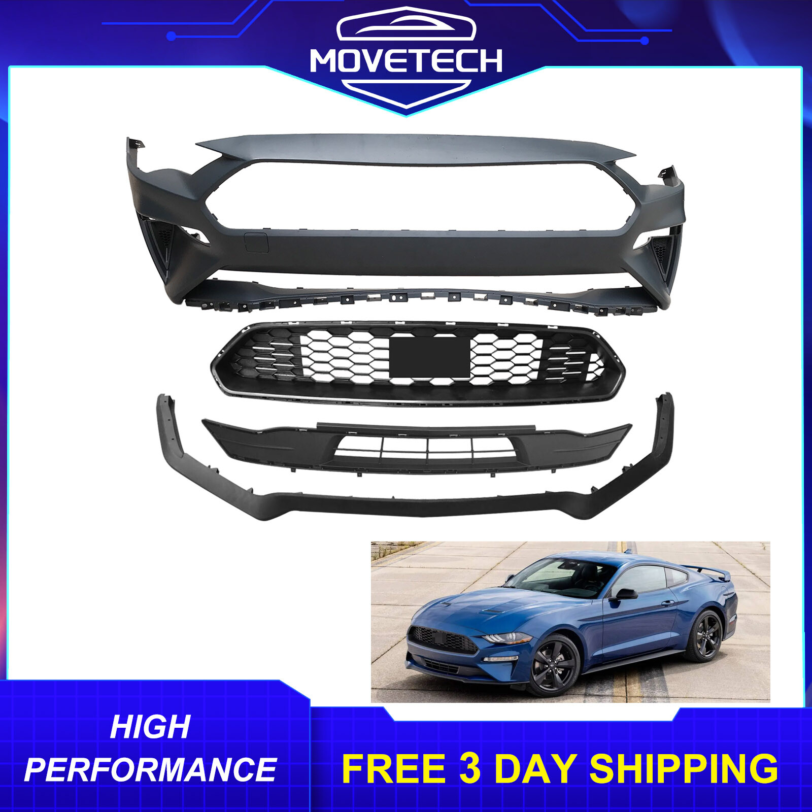 Fits 2018-2023 Ford Mustang Models New Front Bumper Cover W/ Grille & Lip Kit