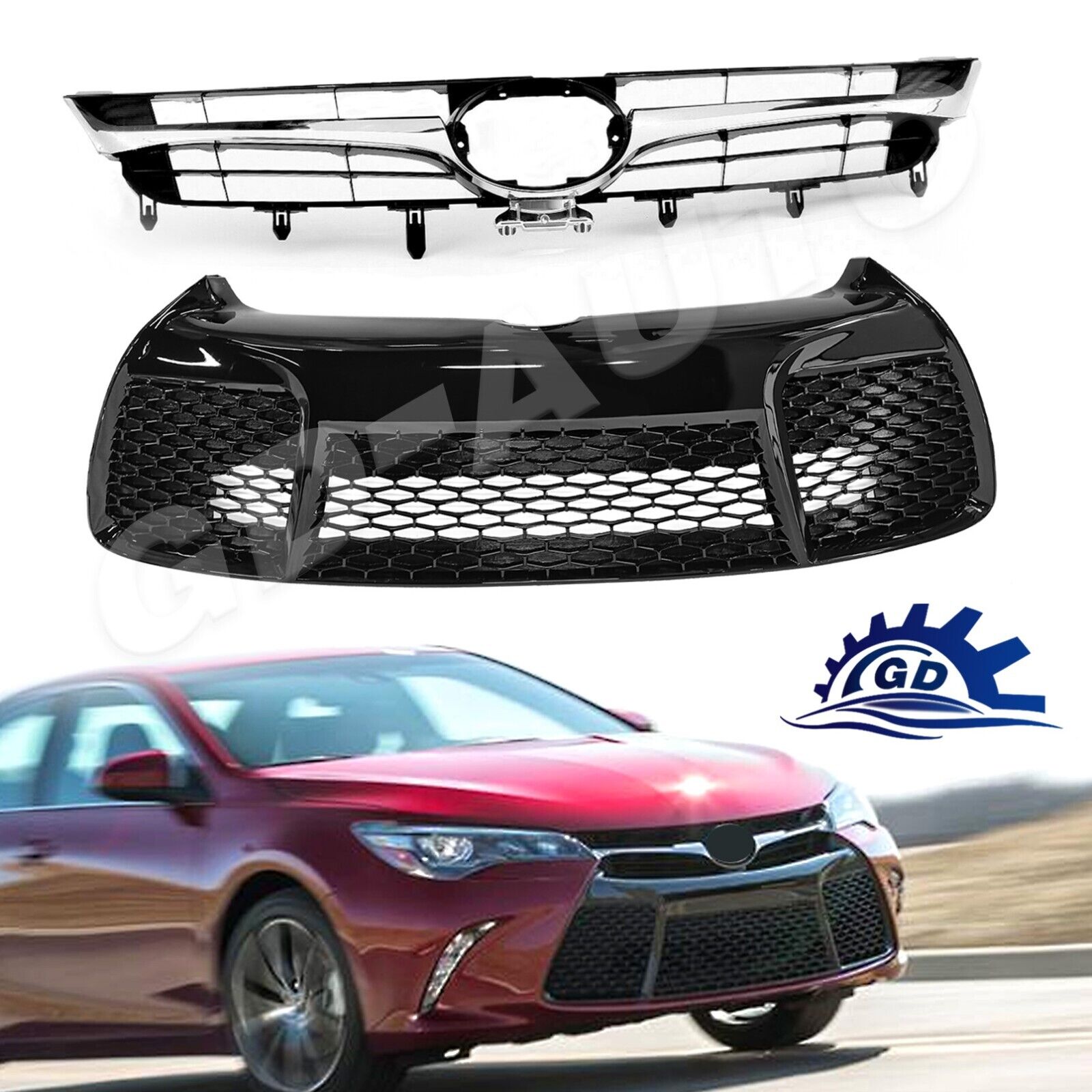 2pcs Upper Lower Bumper Grill Grille For 2015 2016 2017 Toyota Camry SE XSE