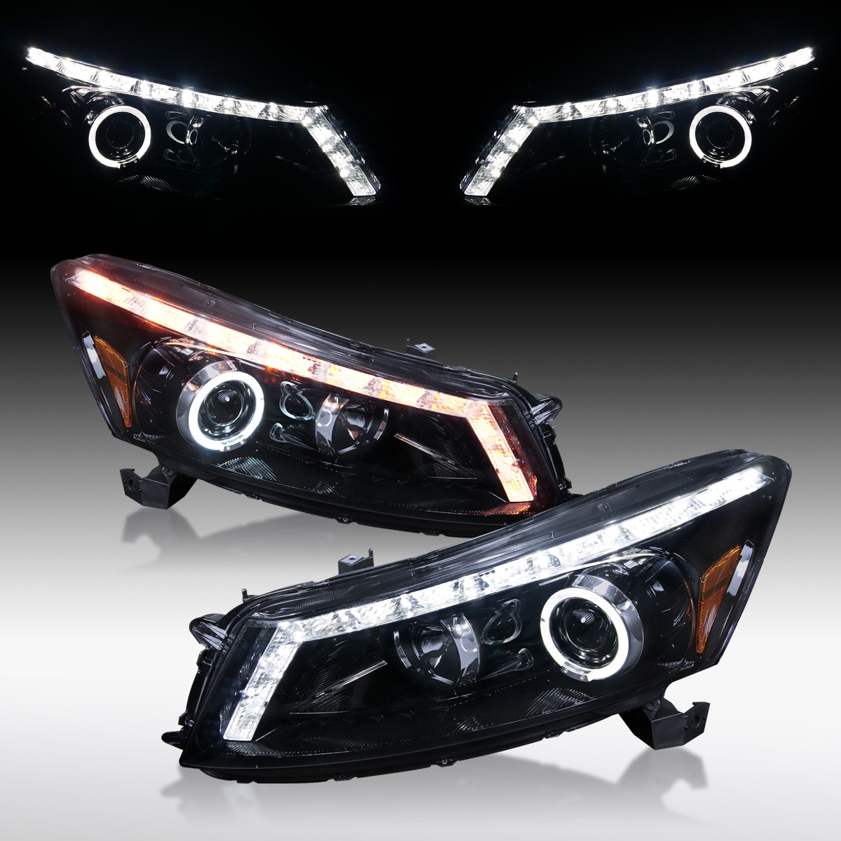 Fit 2008-2012 Honda Accord Sedan Black Smoke LED Halo Projector Headlights Lamps