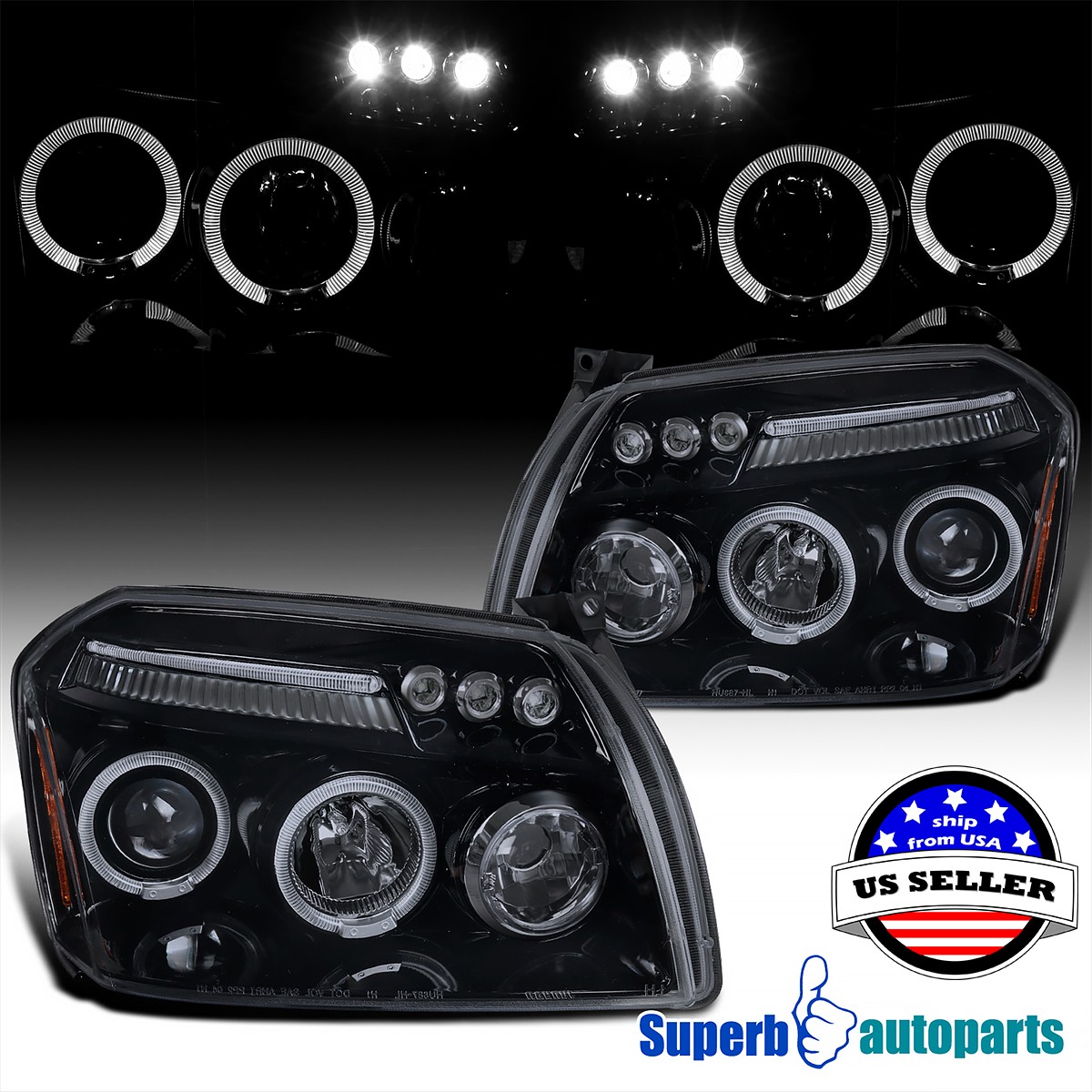 Fits 2005-2007 Dodge Magnum Halo Projector Headlights Black Smoke LED Bar