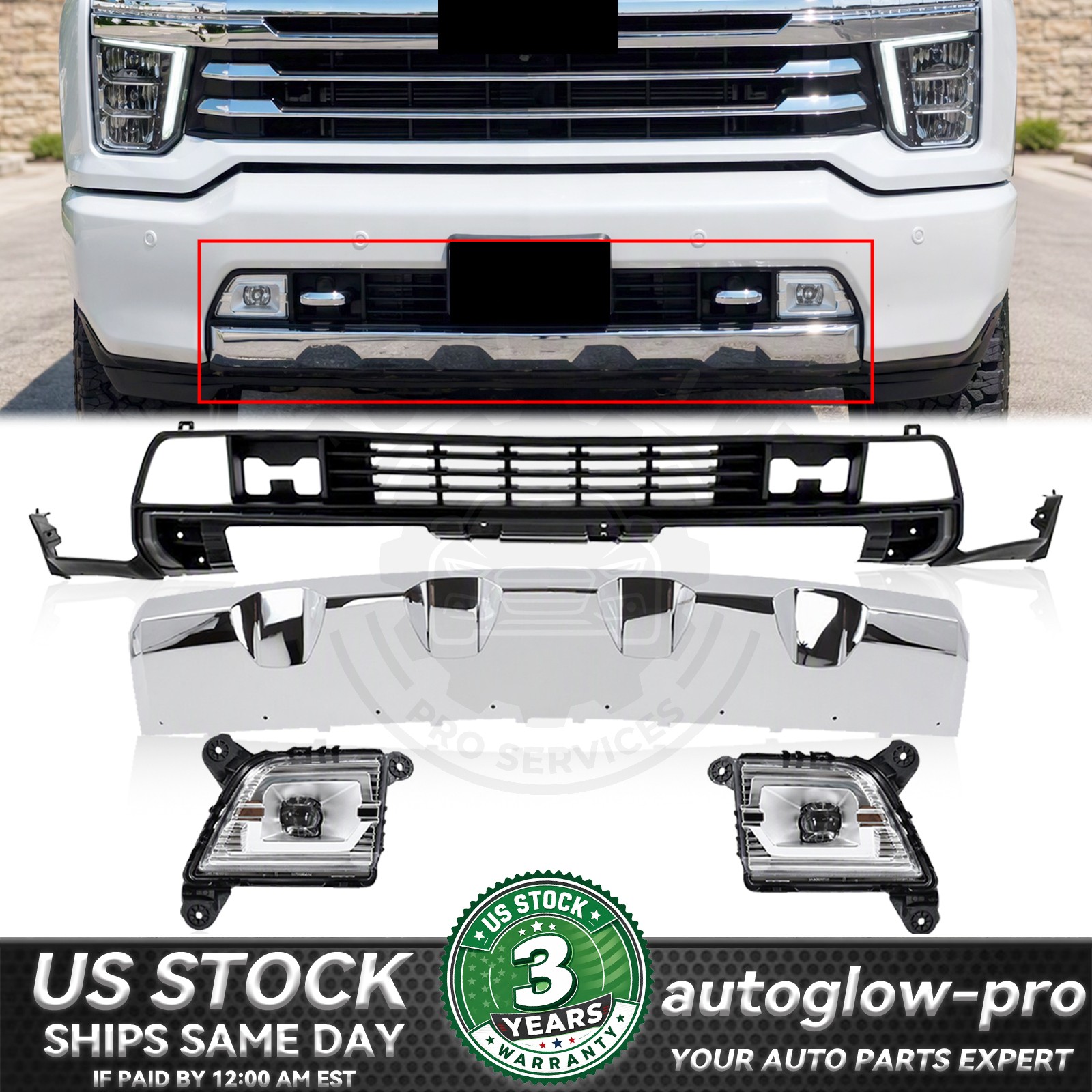 For 2020-23 Chevy Silverado 2500 HD 3500 HD Front Lower Bumper Cover Kit Chrome
