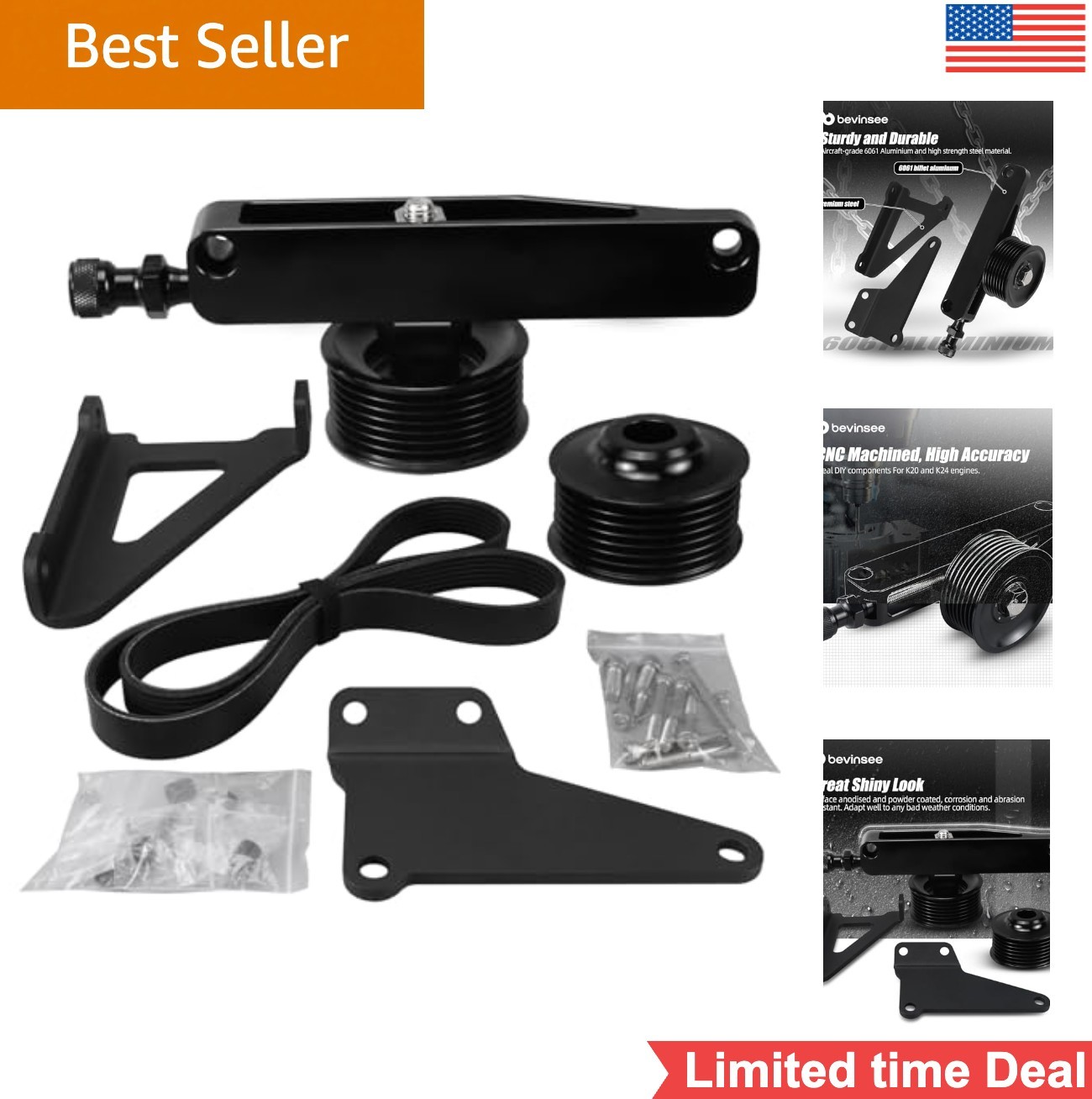 A/C P/S Pulley Belt Kit 6061 Billet Aluminum Steel K20 K24 K Swap