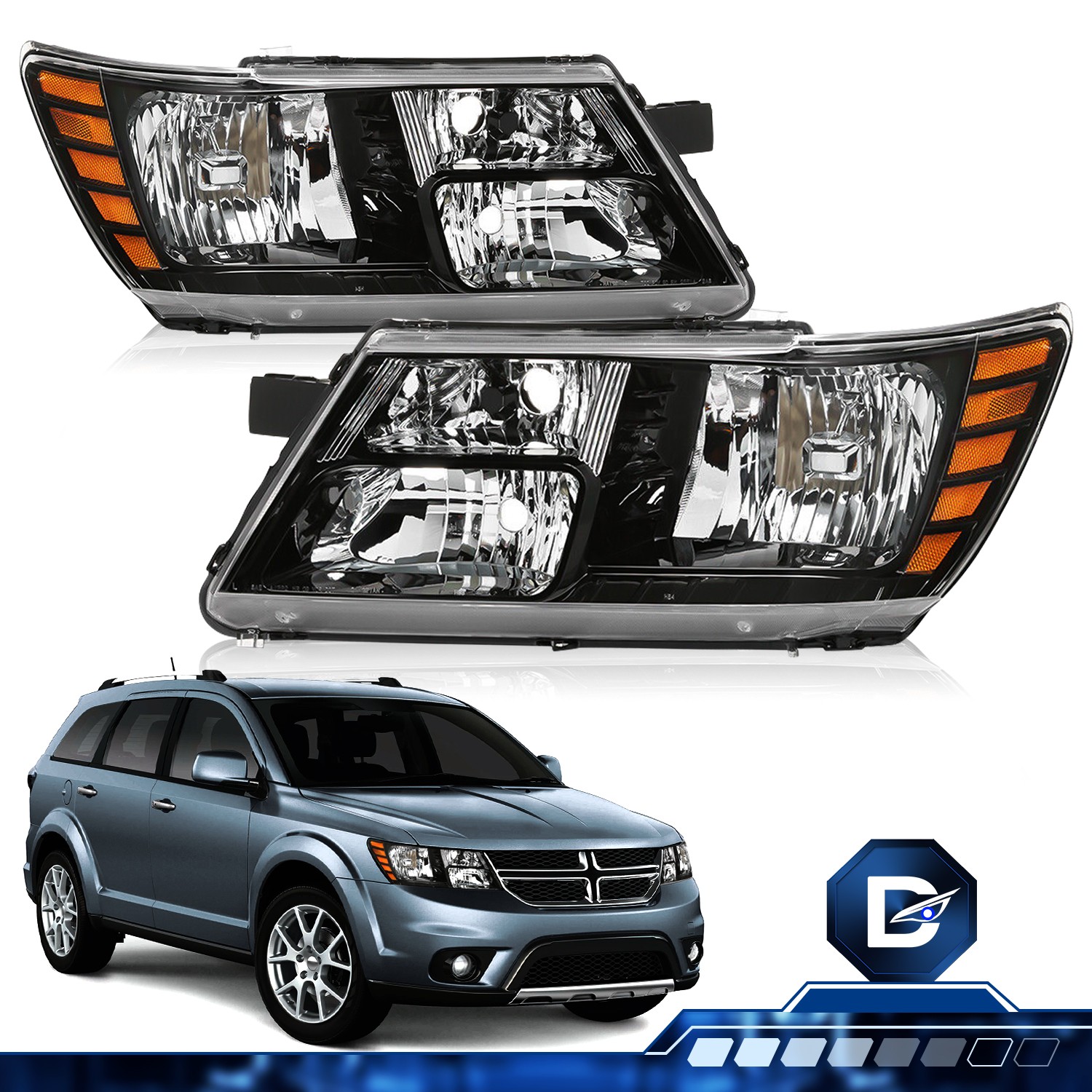 Headlights For 2009-2020 Dodge Journey Black Housing Amber Corner Headlamp LH RH