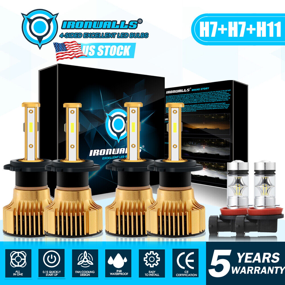 6PCS 4-sides H7 H7 H11 LED Headlight Bulbs High Low Beam Fog Light Bulbs 6000K