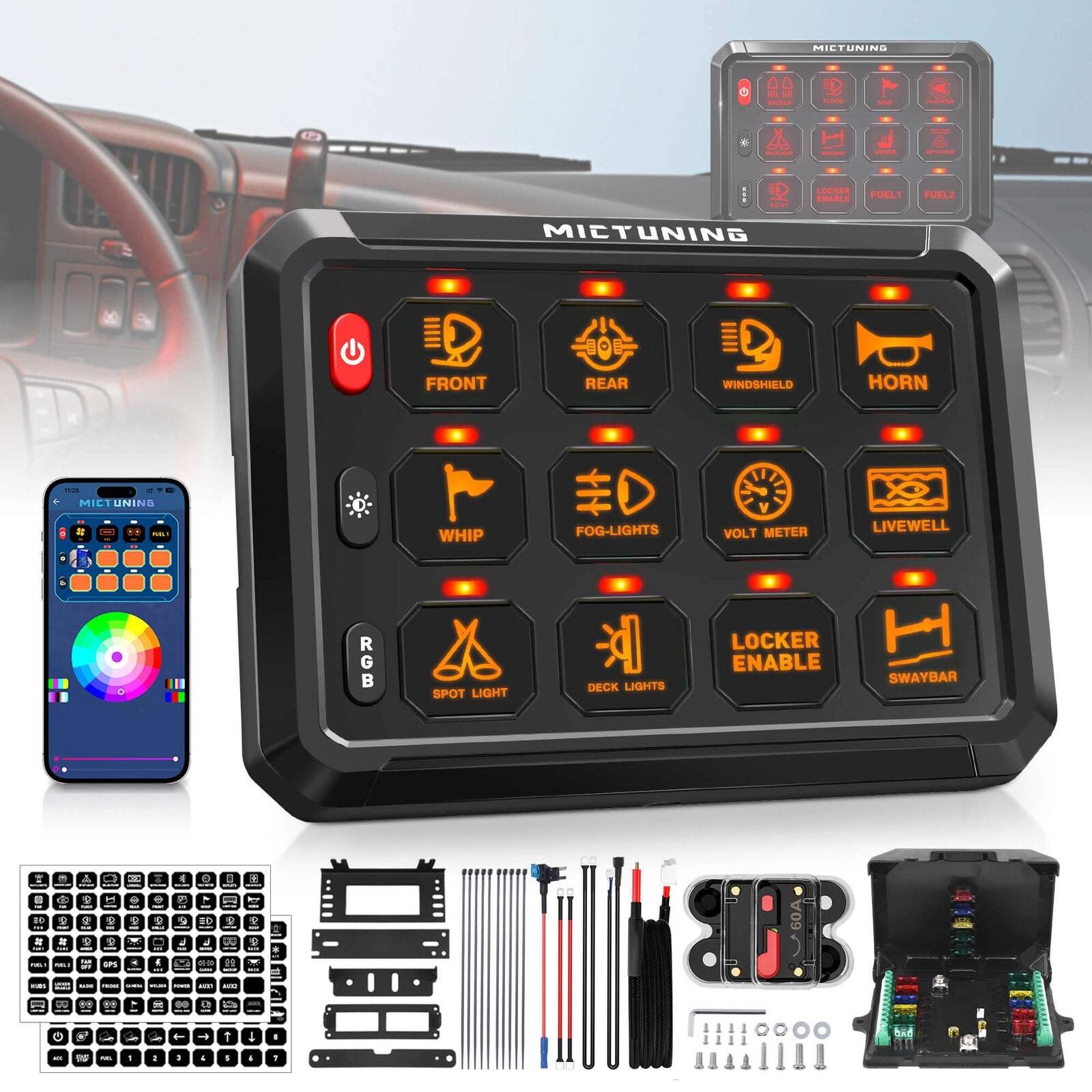 MICTUNING Wireless 12V RGB 12 Gang Switch Panel App Control LED Relay System Box