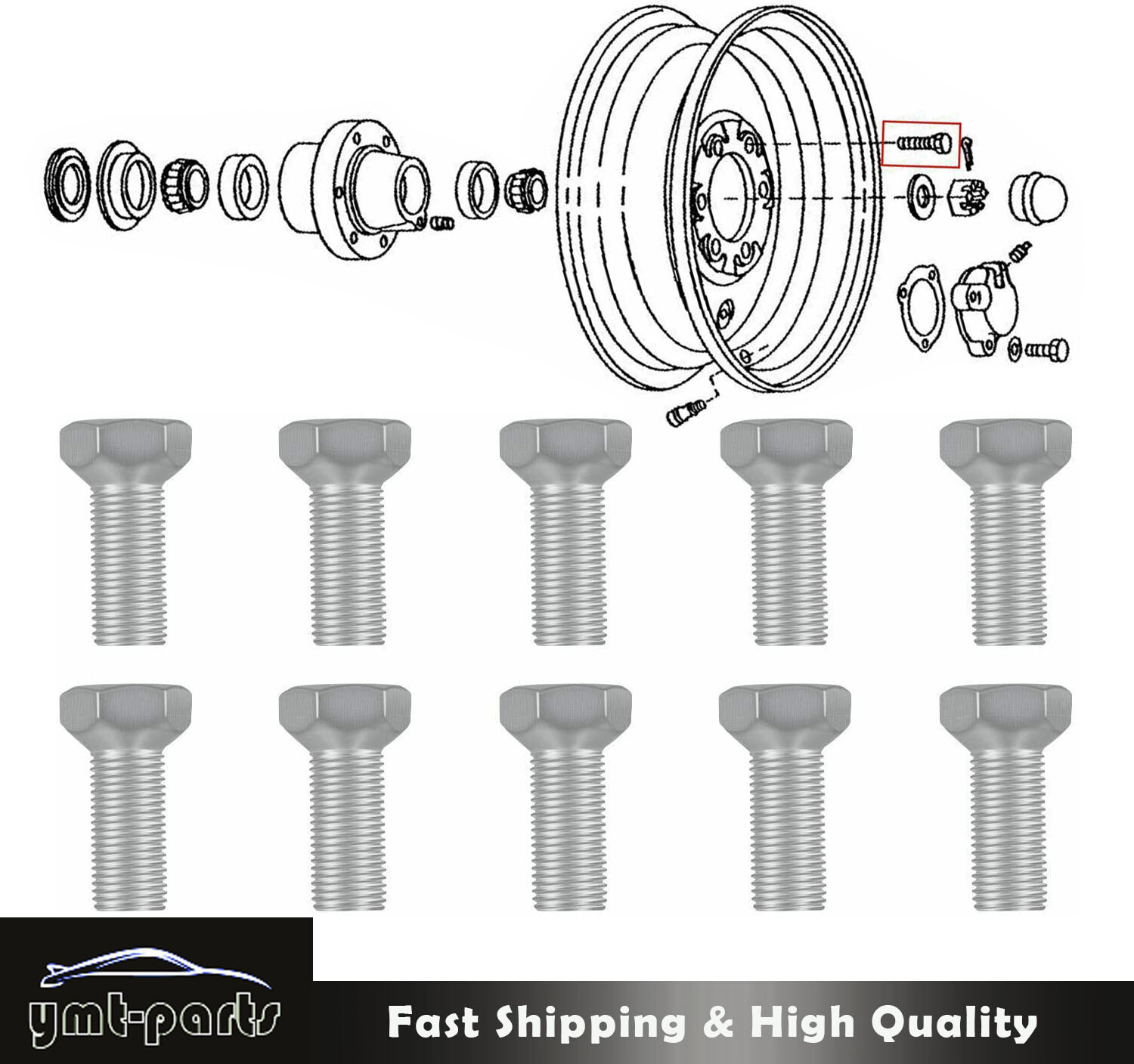 10Pcs JD16 Front Wheel Hub Lug Bolts 9/16-18 x 1-1/8\