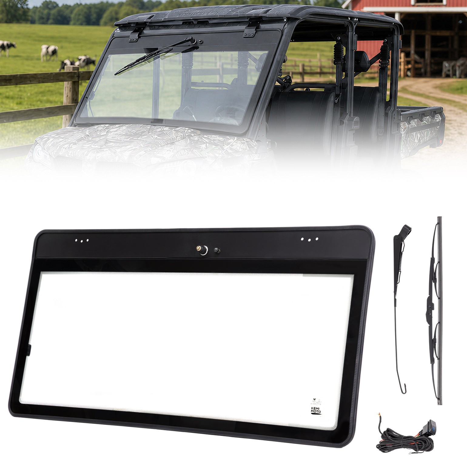 KEMIMOTO Glass Windshield w/165° Electric Wiper For CFMOTO UForce 1000/XL 19-26