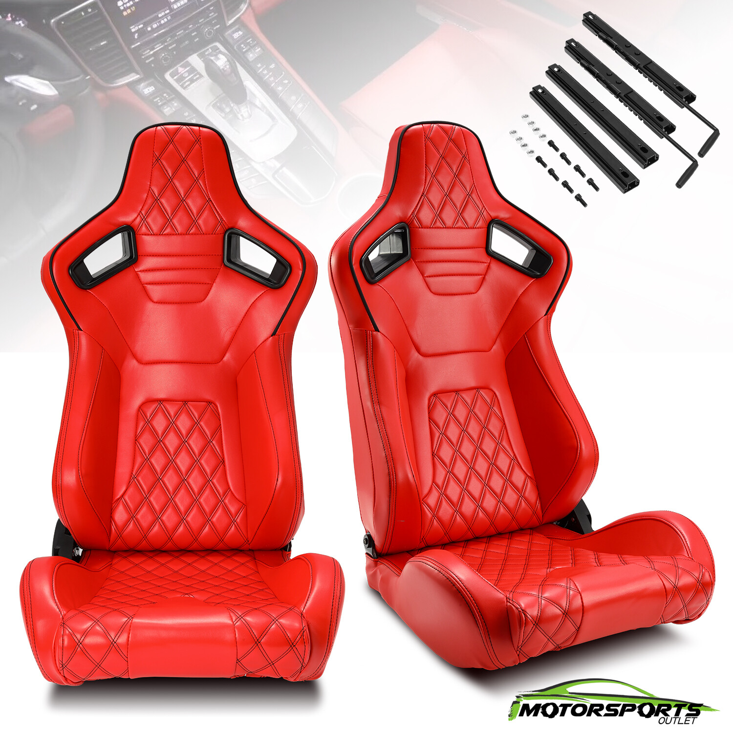 Universal Pair Reclinable Red PVC Leather Sport Racing Seats W/Slider Left/Right