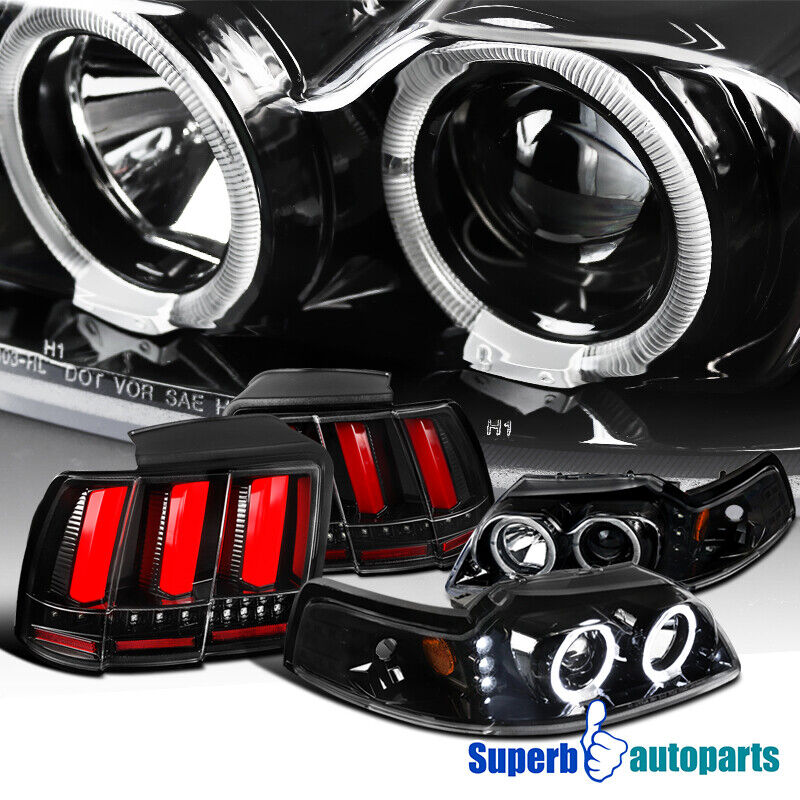 Fits 99-04 Mustang Polished Black LED Halo Projector Headlights+Sequential Tail