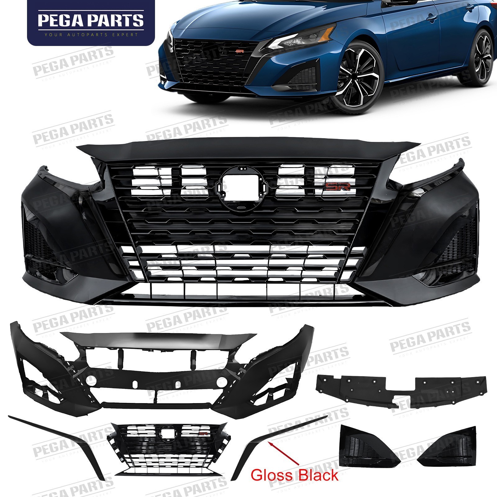 7PCS For 2023-2025 Nissan Altima SR Bumper Grille Fog Light Cover Black Molding