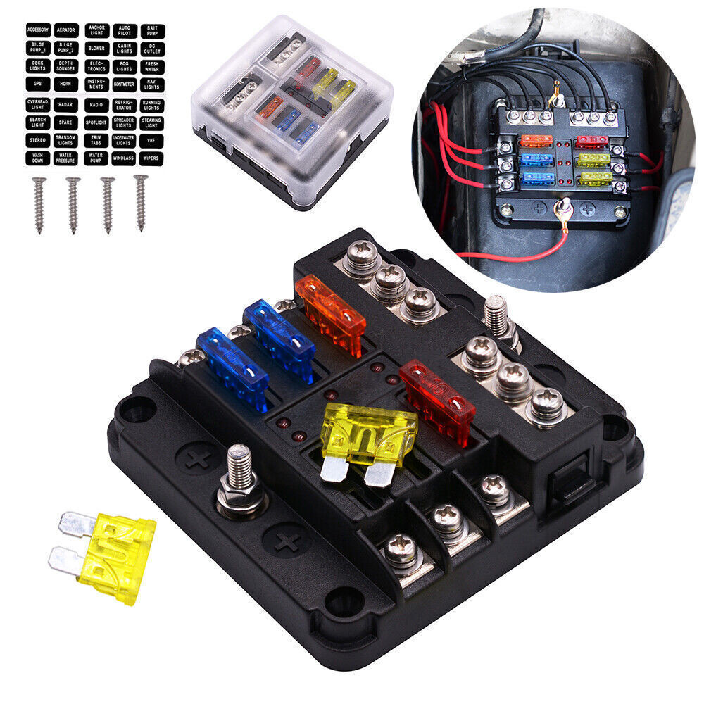 6 Way Car Boot Power Distribution 12-24V Blade Fuse Holder Box Block Panel Cetwn