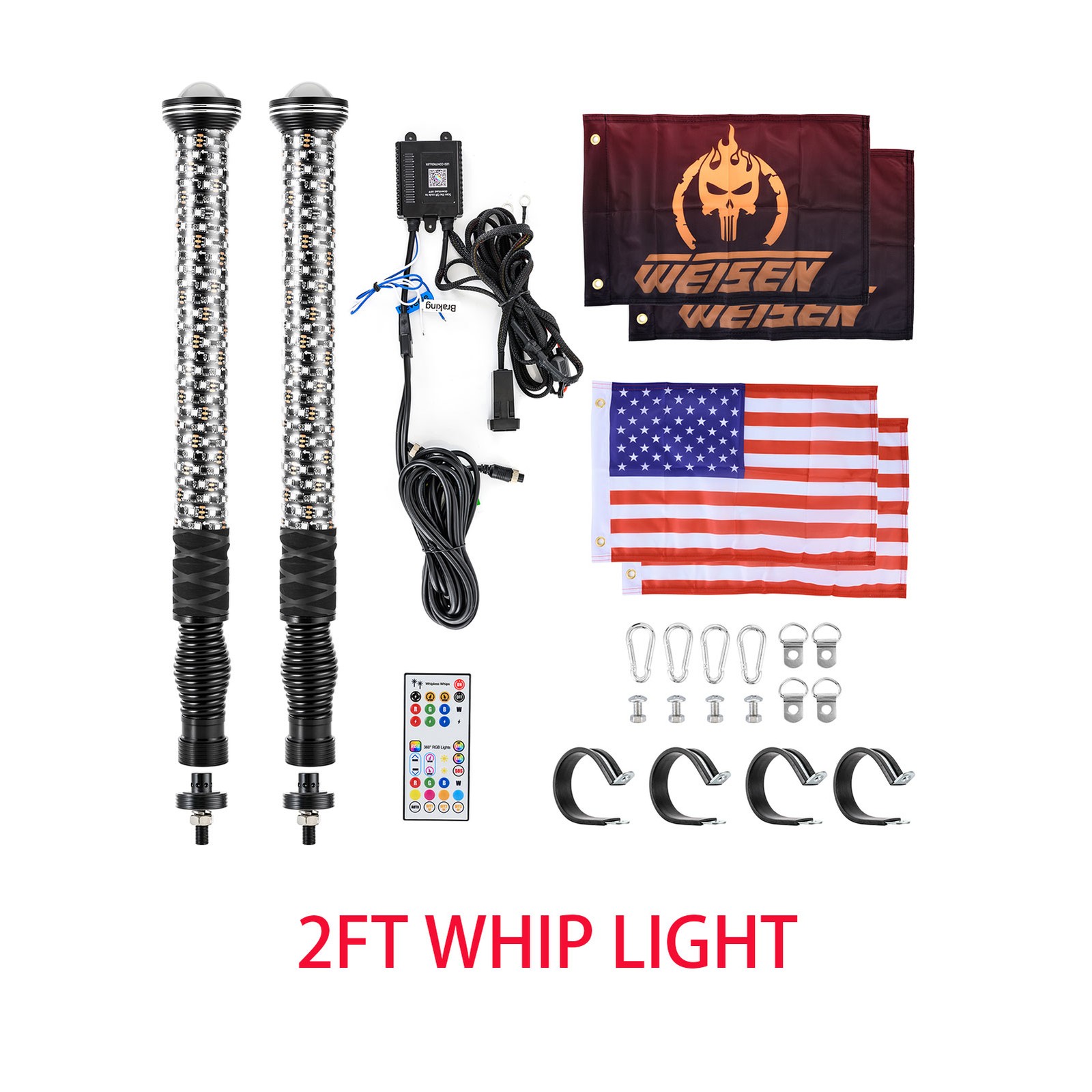 2PCS 2FT/3FT Fat RGB Whip Lights LED Laser Spiral Chasing + Remote For ATV UTV