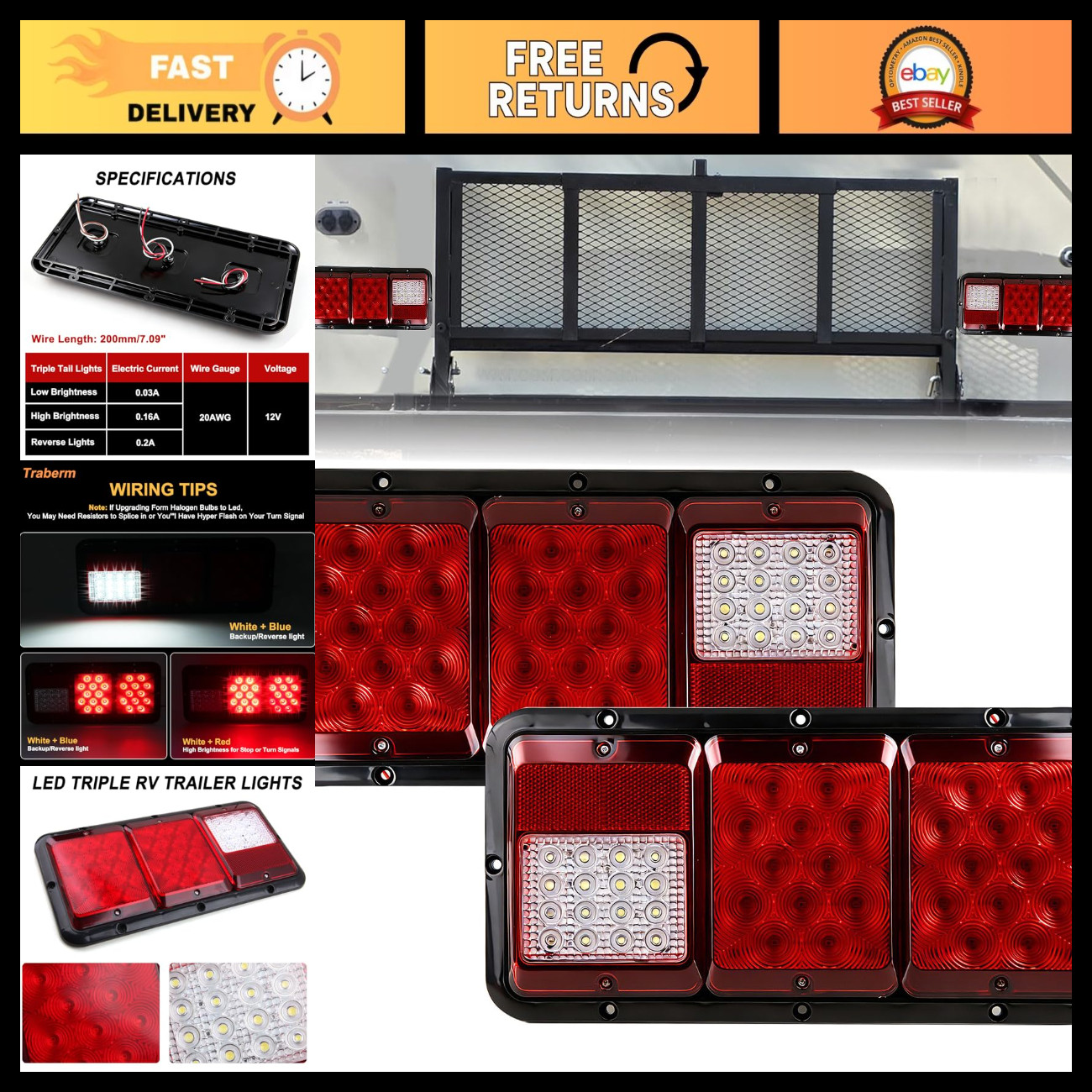2Pcs Rectangle LED Tail Lights for Trailer, Camper, Van, RV - Bright & Durable