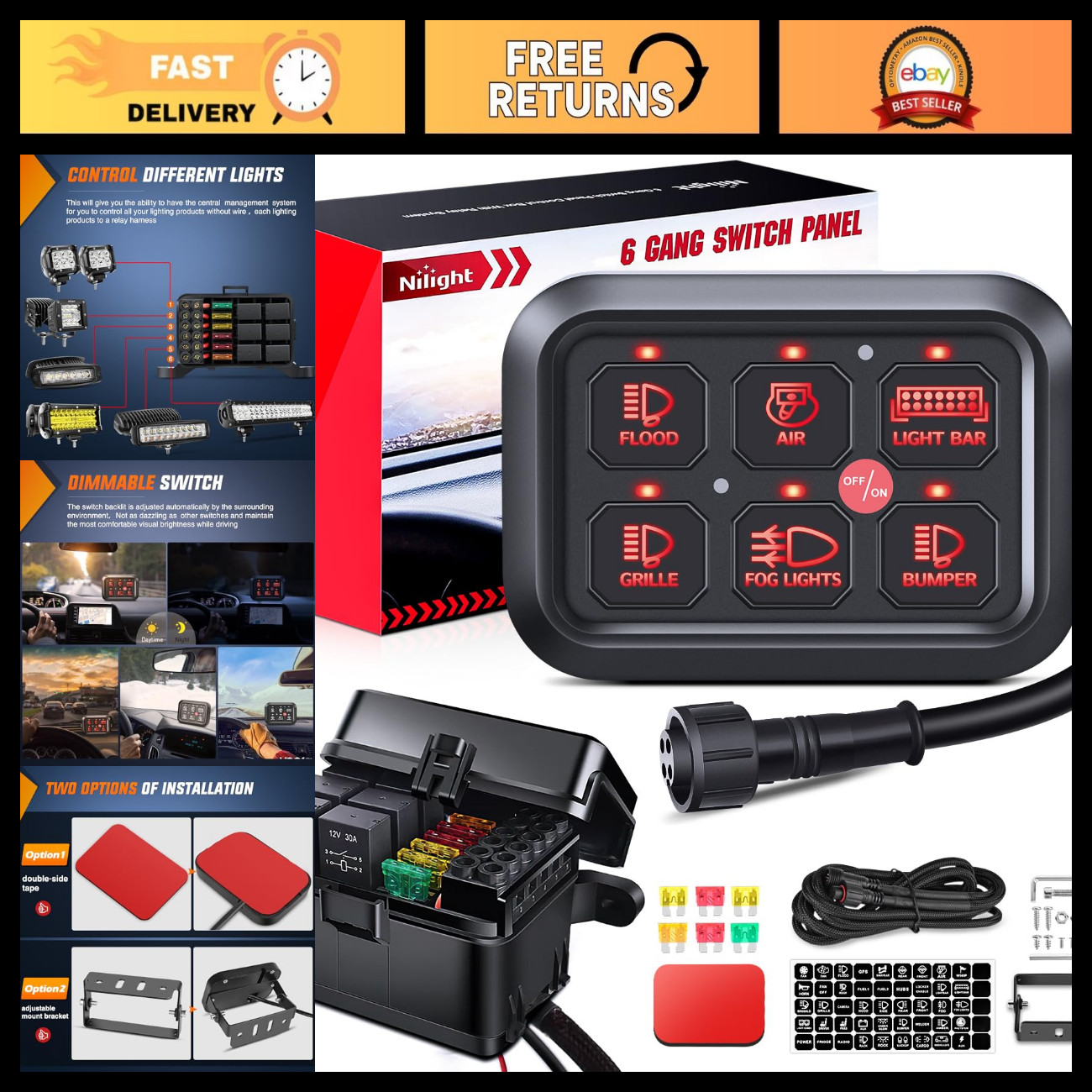 6 Gang Switch Panel Relay System, Automatic Dimmable, LED Control for Vehicles