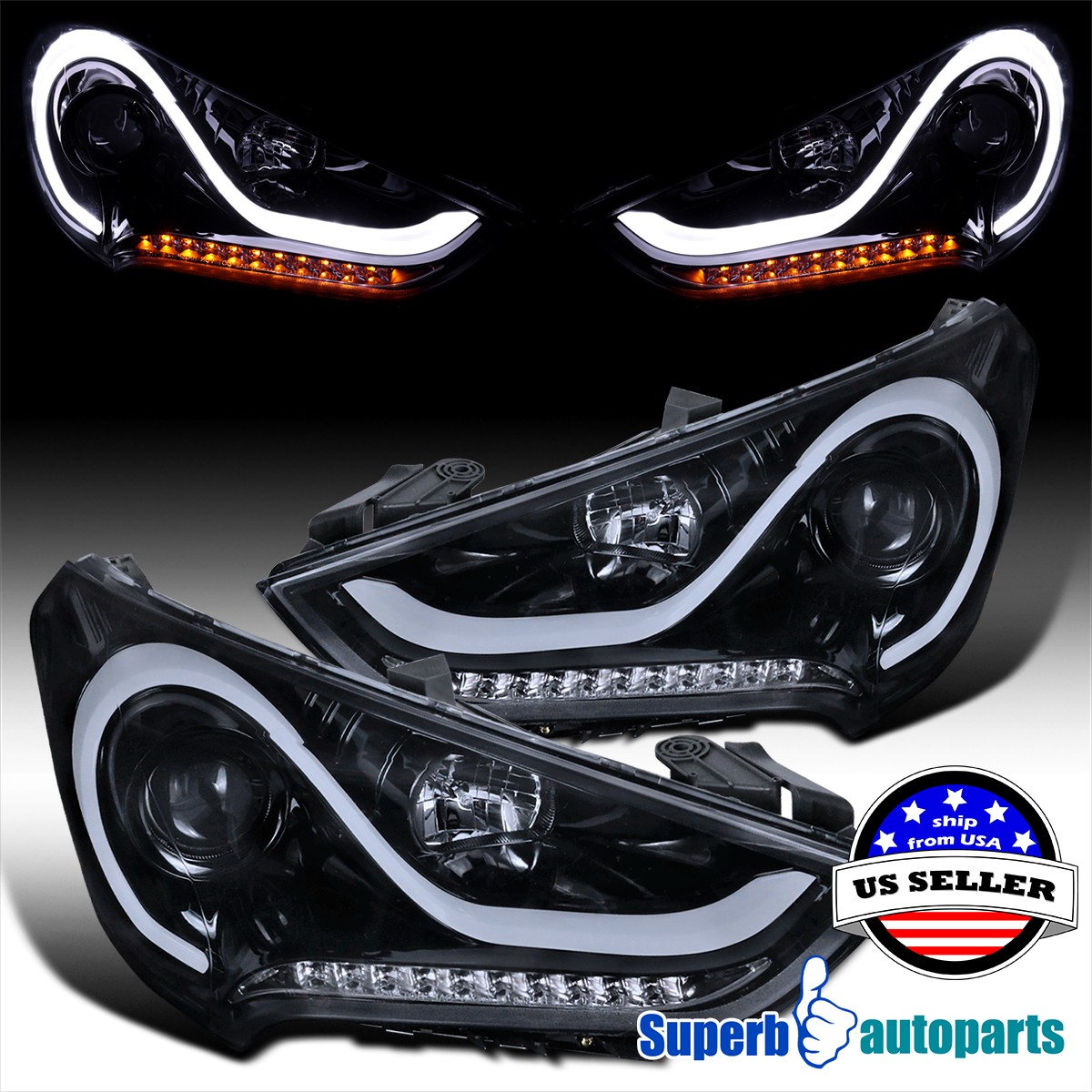 Fits 2012-2017 Hyundai Veloster Black Smoke LED Tube Projector Headlights
