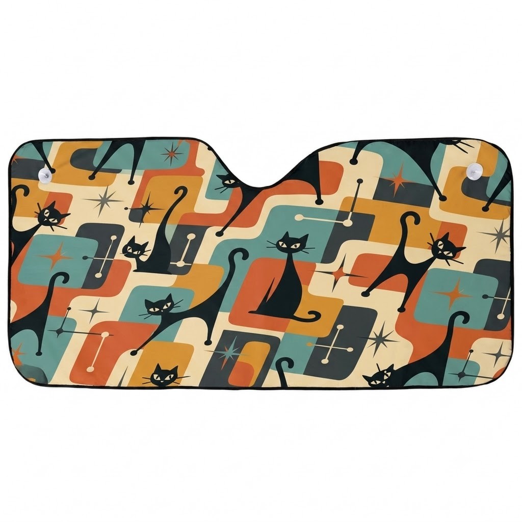 Retro Black Cat Windshield Sun Shade, Mid Century Modern Cat Car Sun Visor