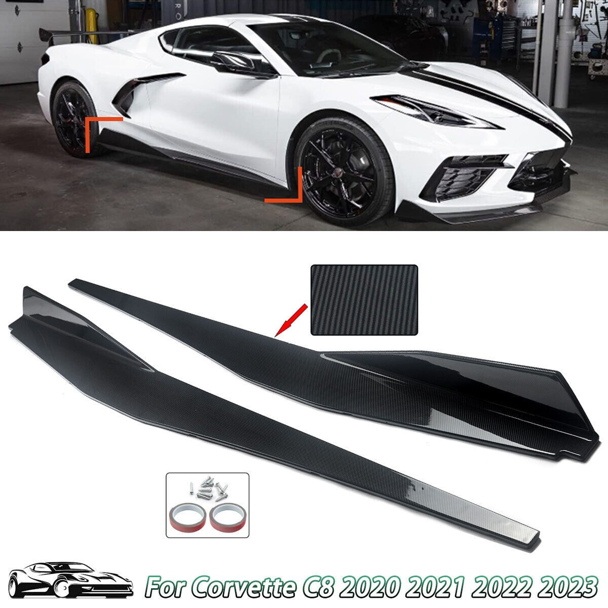 For 2020-2023 Corvette C8 Carbon Fiber Style Side Skirts Extension Lip Splitter