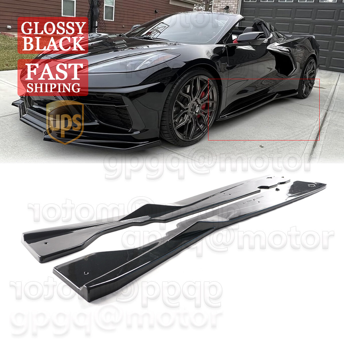 For Corvette C8 20-2027 Glossy Black V2 Style Side Skirts Extension Rocker Panel