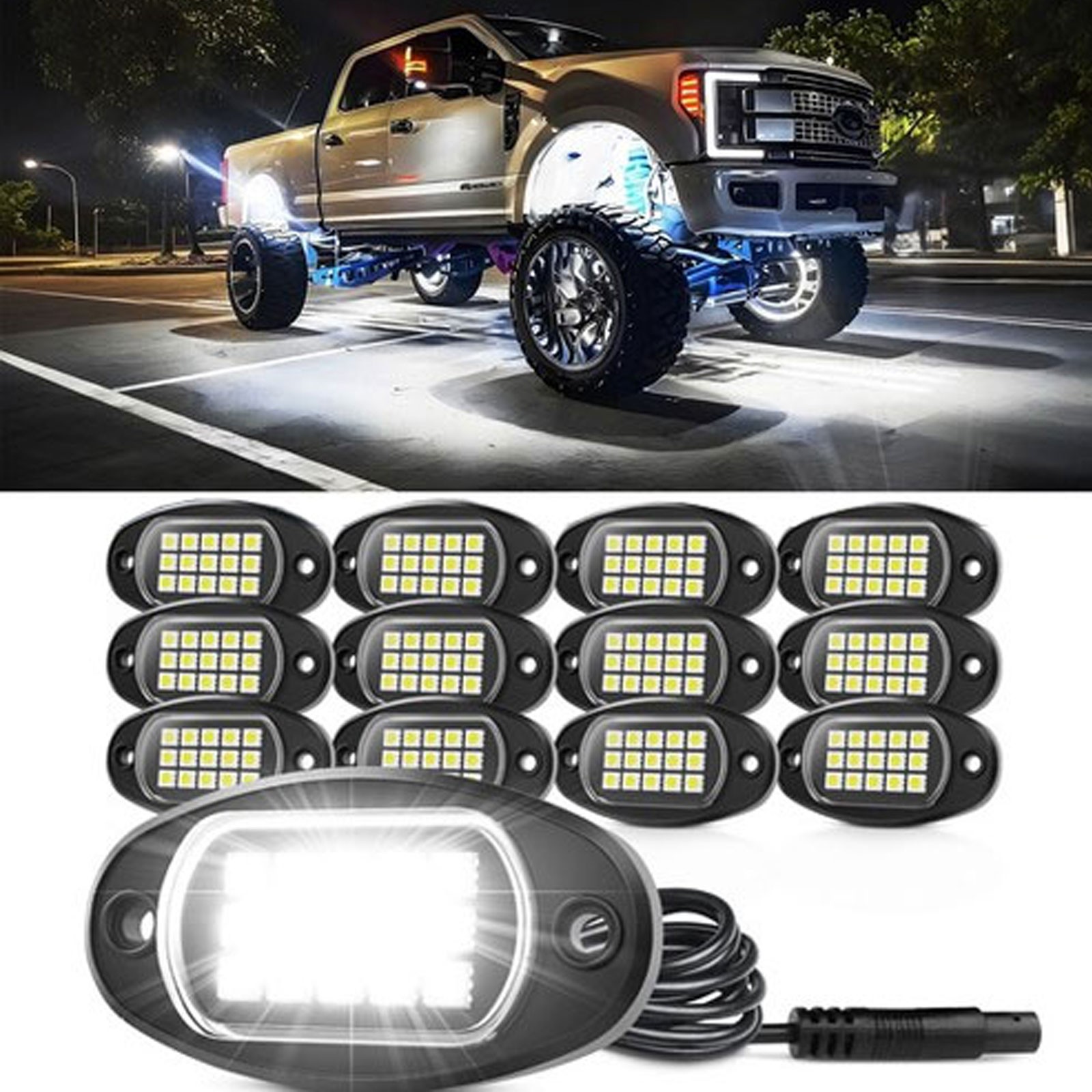 12 Pods Pure White Rock Lights Truck Underbody Glow Lights Kits Waterproof 6000K