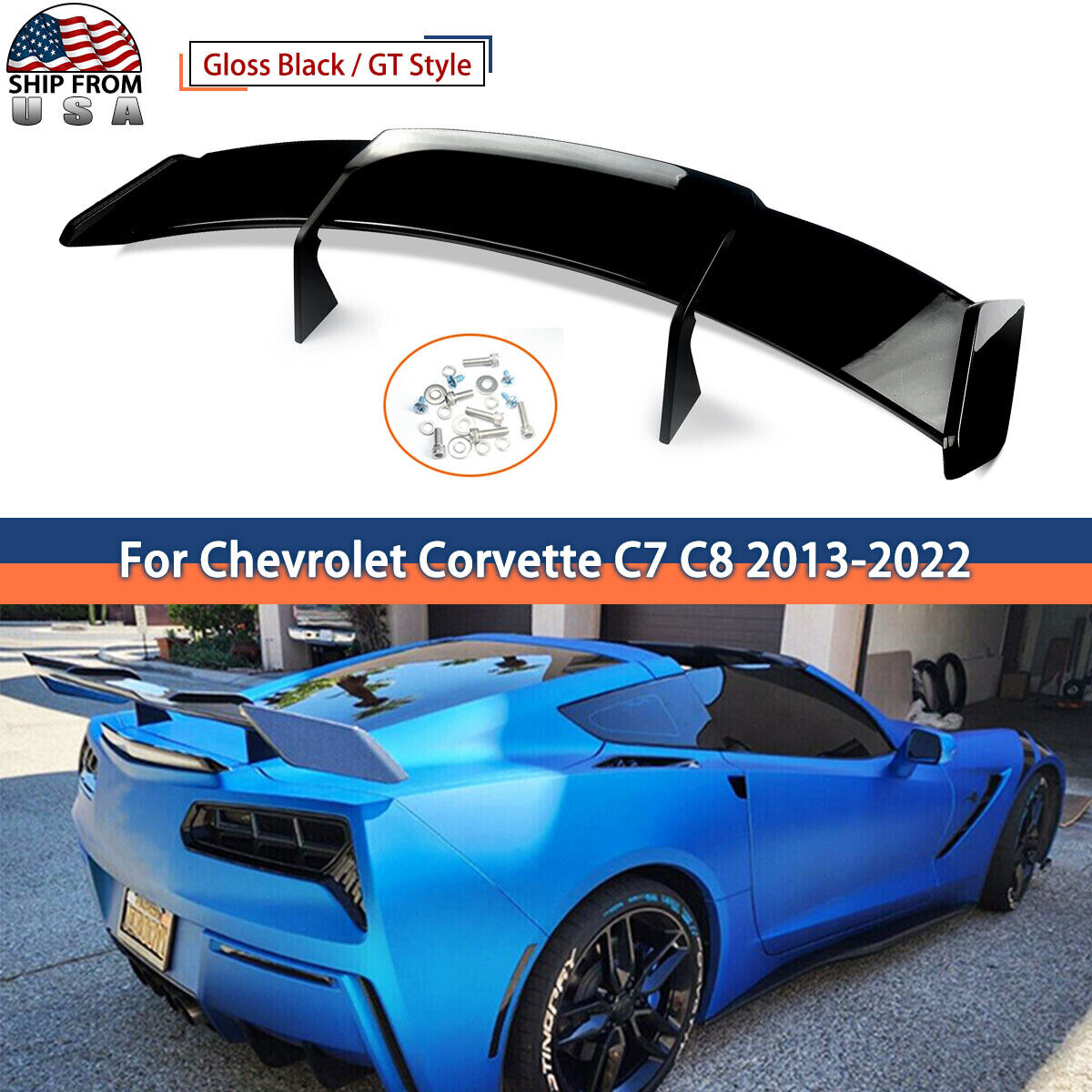 High-Kick  GT Style Rear Spoiler Wing For 2013-22 Corvette C8 Z51 C7 Gloss Black