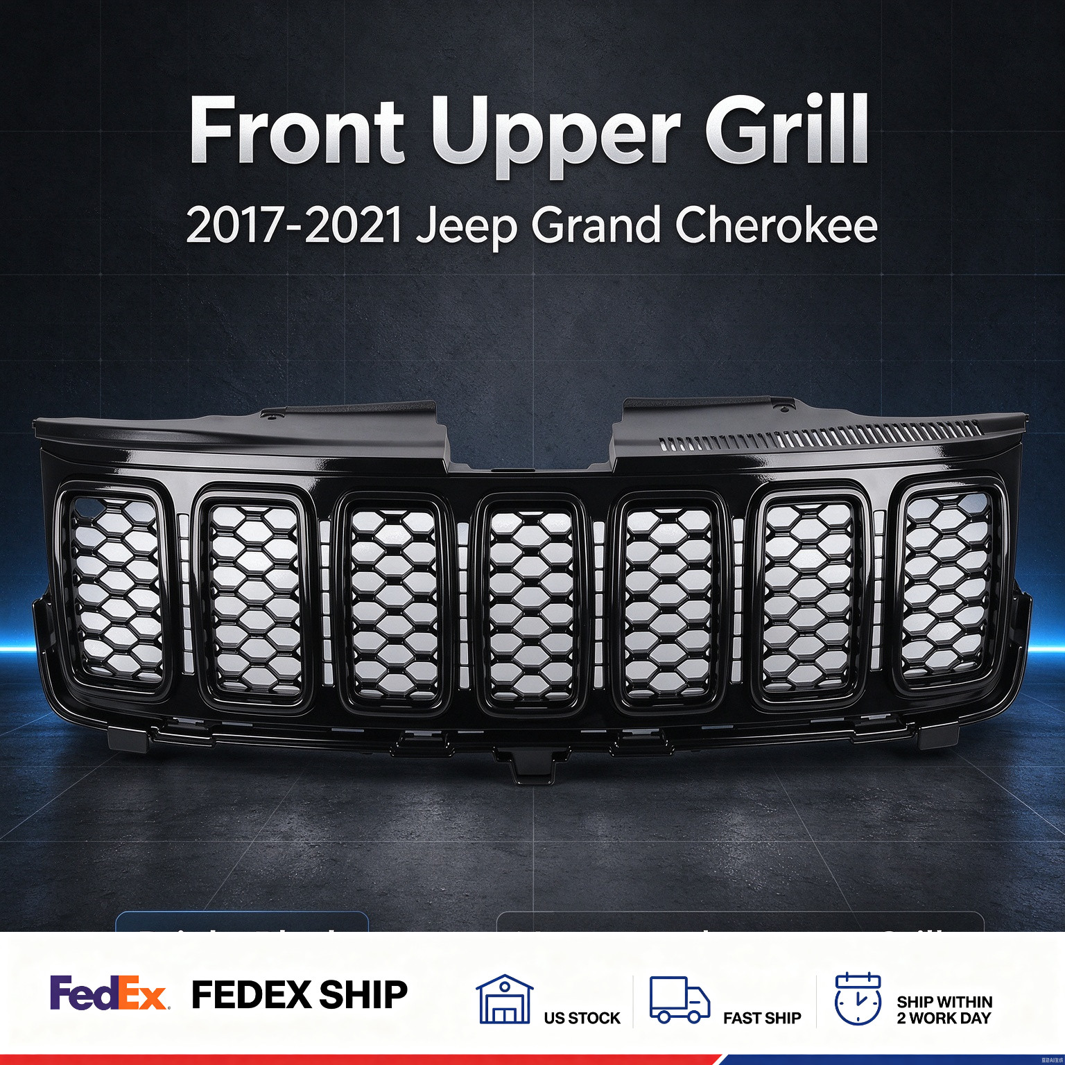 For 2017-2021 Jeep Grand Cherokee Gloss Black Front Upper Grill US STOCK