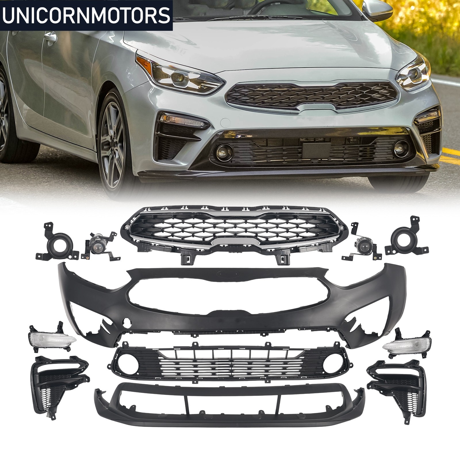 Fit 2019 2020 2021 Kia Forte Front Bumper Grille Complete Assembly w /Fog Lights Fit 2019 2020 2021 Kia Forte Front Bumper Grille Complete Assembly w /Fog Lights