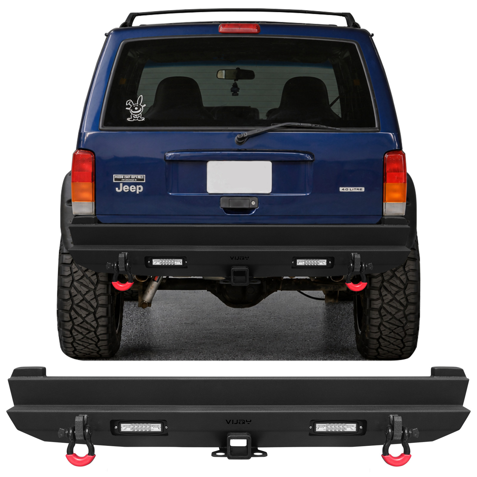 Black Steel Rear Bumper w/LED Lights & D‑Rings Fits 1984‑2001 Jeep Cherokee XJ
