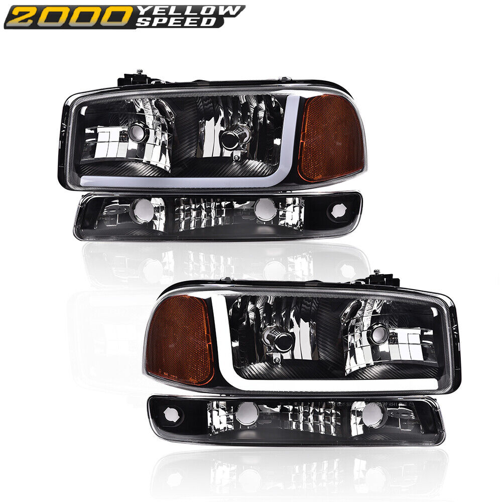 Fits For 99-07 GMC Sierra Yukon LED DRL Black Headlights W/ Bumper Signal Lamps 