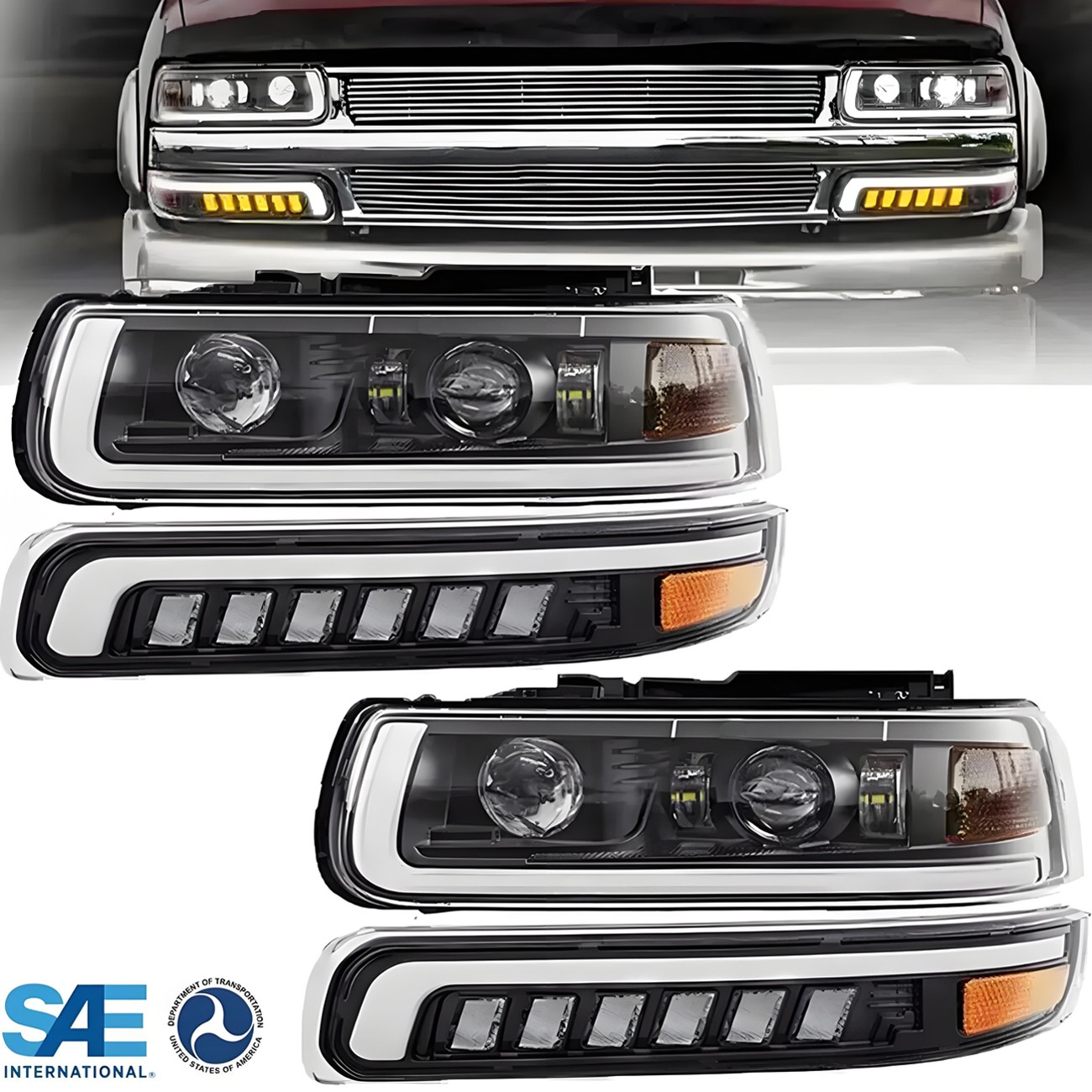 Fits 99-02 Chevy Silverado 00-06 Tahoe LED Headlights+Bumper Lamps Plug&Play DOT
