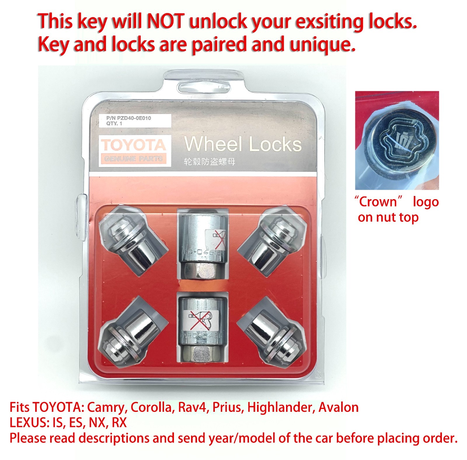 Toyota Alloy Wheel Lock Set Genuine OEM (short ones) with 2 Keys, W/Crown Logo