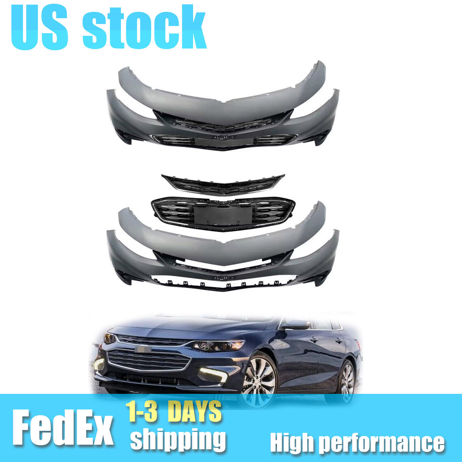 Fits 2016-2018 Chevrolet Malibu Front Bumper Cover & Chrome Grille Replacement