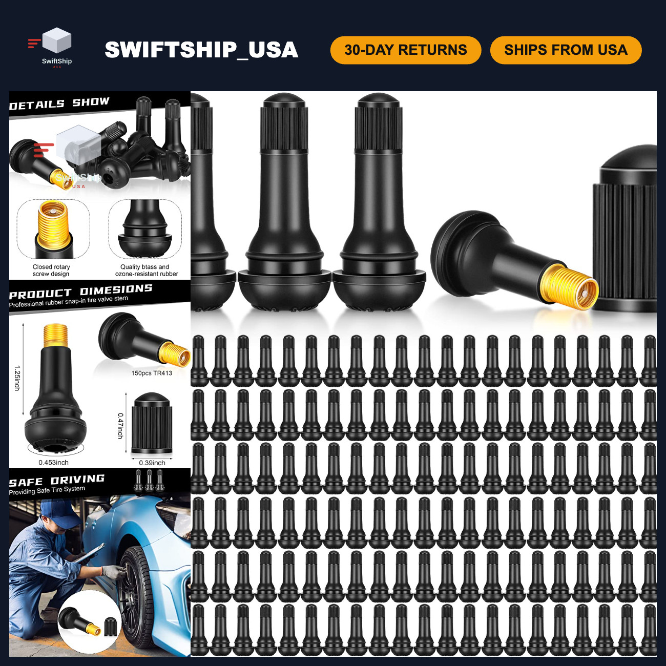 150 TR413 Tire Valve Stems - 150pcs Rubber Snap-in Tubeless, Black, Durable Seal 150 TR413 Tire Valve Stems - 150pcs Rubber Snap-in Tubeless, Black, Durable Seal