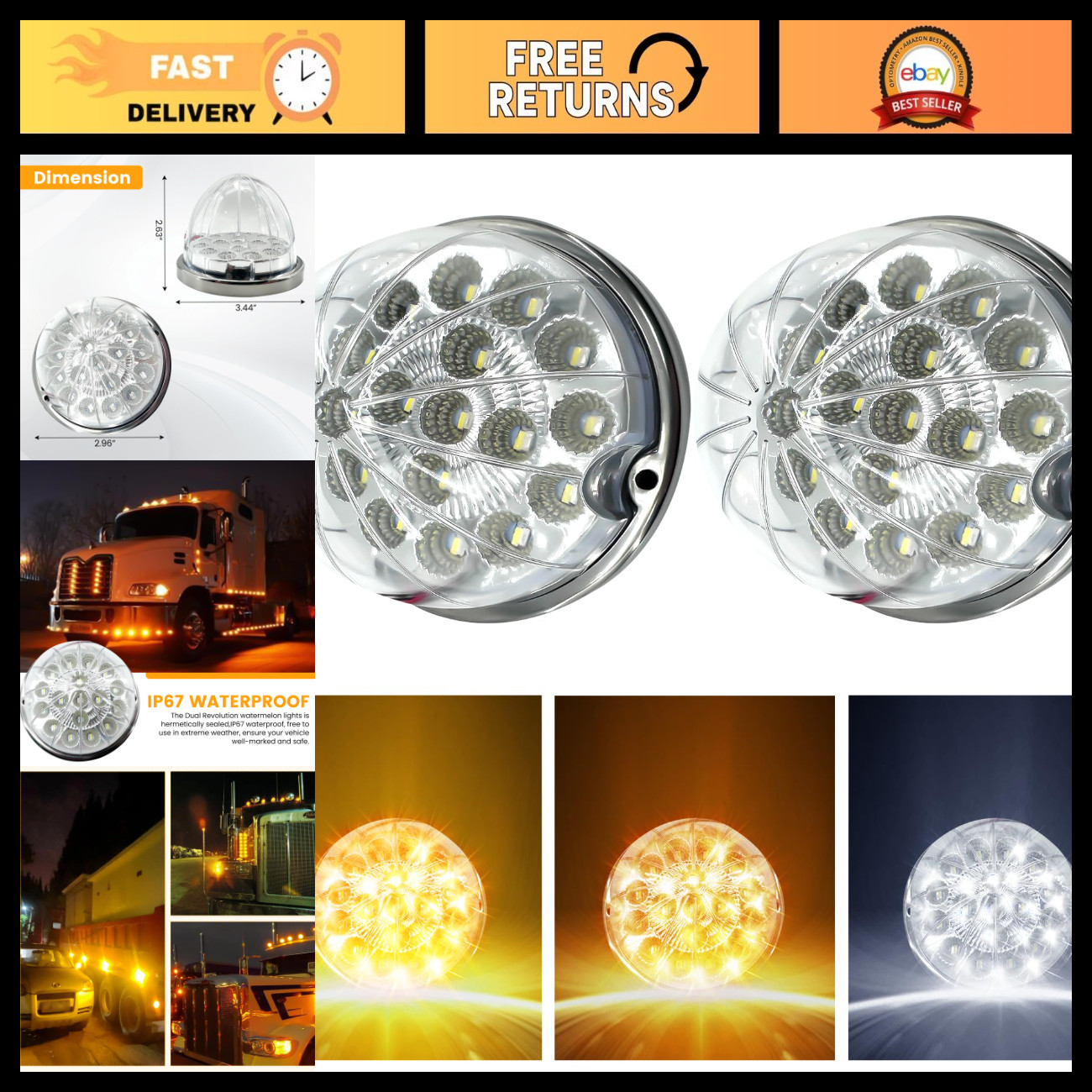 2PCS 17 LED Amber Turn Signal & White Auxiliary Lights, Clear Lens, Heavy Truck 2PCS 17 LED Amber Turn Signal & White Auxiliary Lights, Clear Lens, Heavy Truck