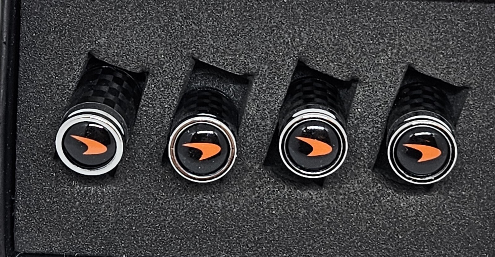McLaren Orange Swoop Only Carbon Fiber Tire Valve Caps-Brand New 