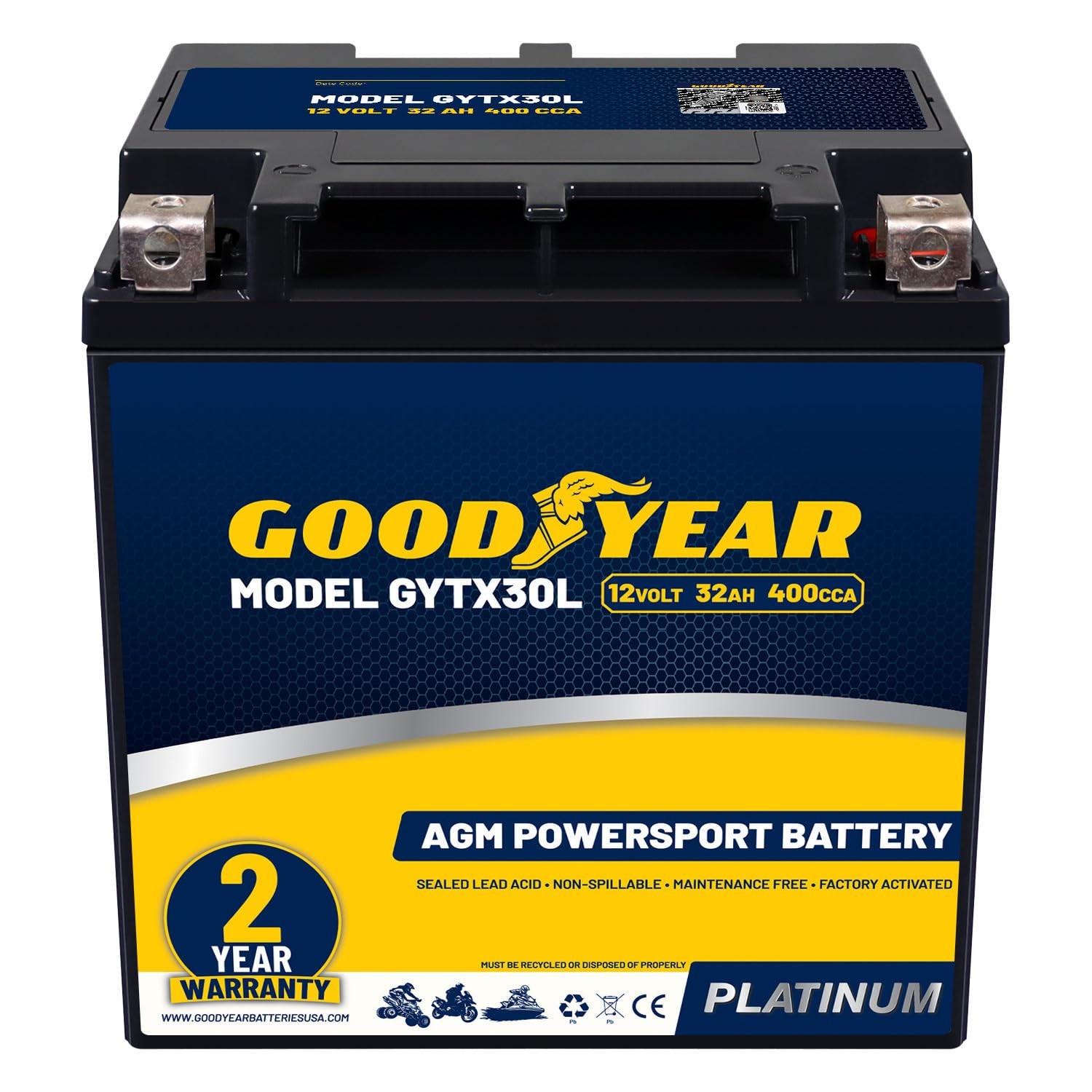 Goodyear GYTX30L - 12 Volt 32 AH, 400 CCA, Rechargeable Standard, Standard