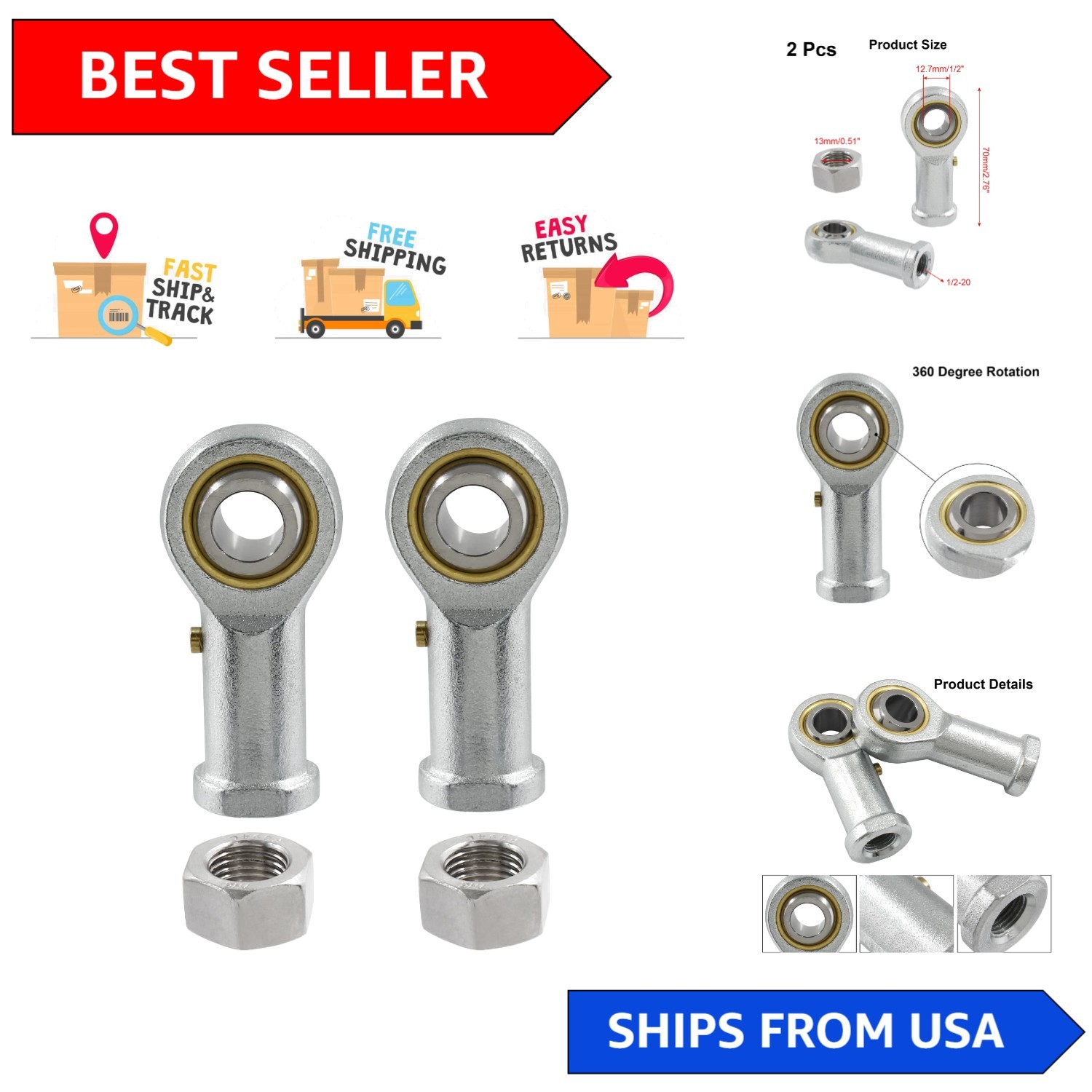 304 Stainless Steel Rod End Bearings, 1/2 x 1/2-20, High Precision