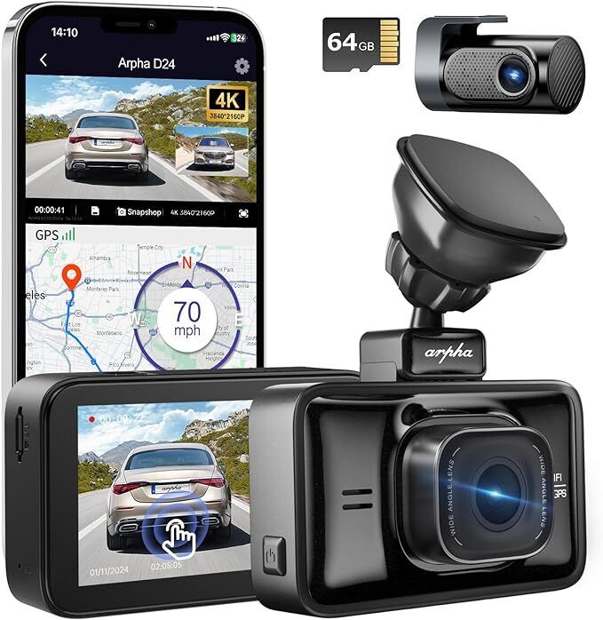 4K Dash Cam Front and Rear 4K/1080P Free 64GB Card 5G WiFi GPS 3'' Touch Screen