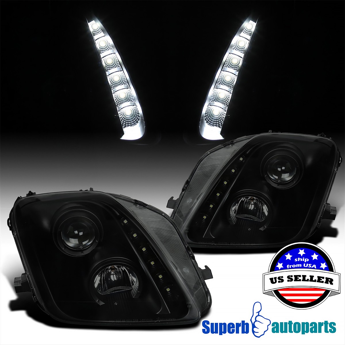 Fits 1997-2001 Honda Prelude Black Smoke Projector Headlights Lamps